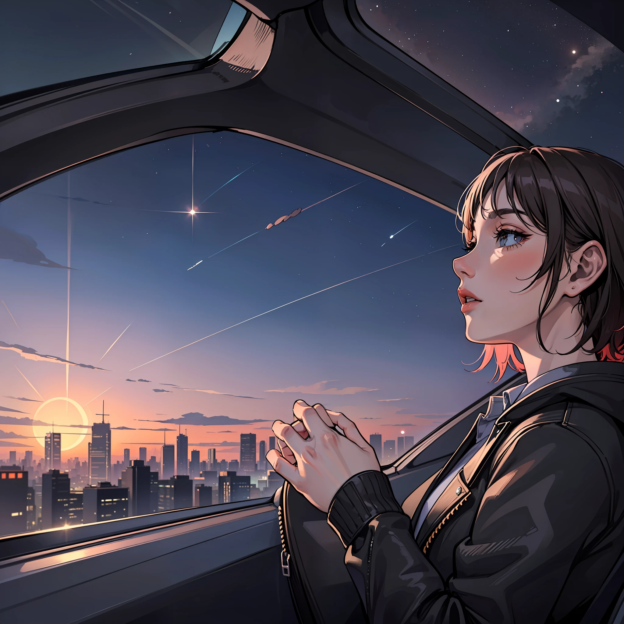 ,(Beautiful skyline,Magnificent sky),(Intense and dramatic imagery,Stunning visuals),(The hanging North Star,Colorful natural light),There was a hot woman dressed in black(red short hair),Sit in the car,Head against the window