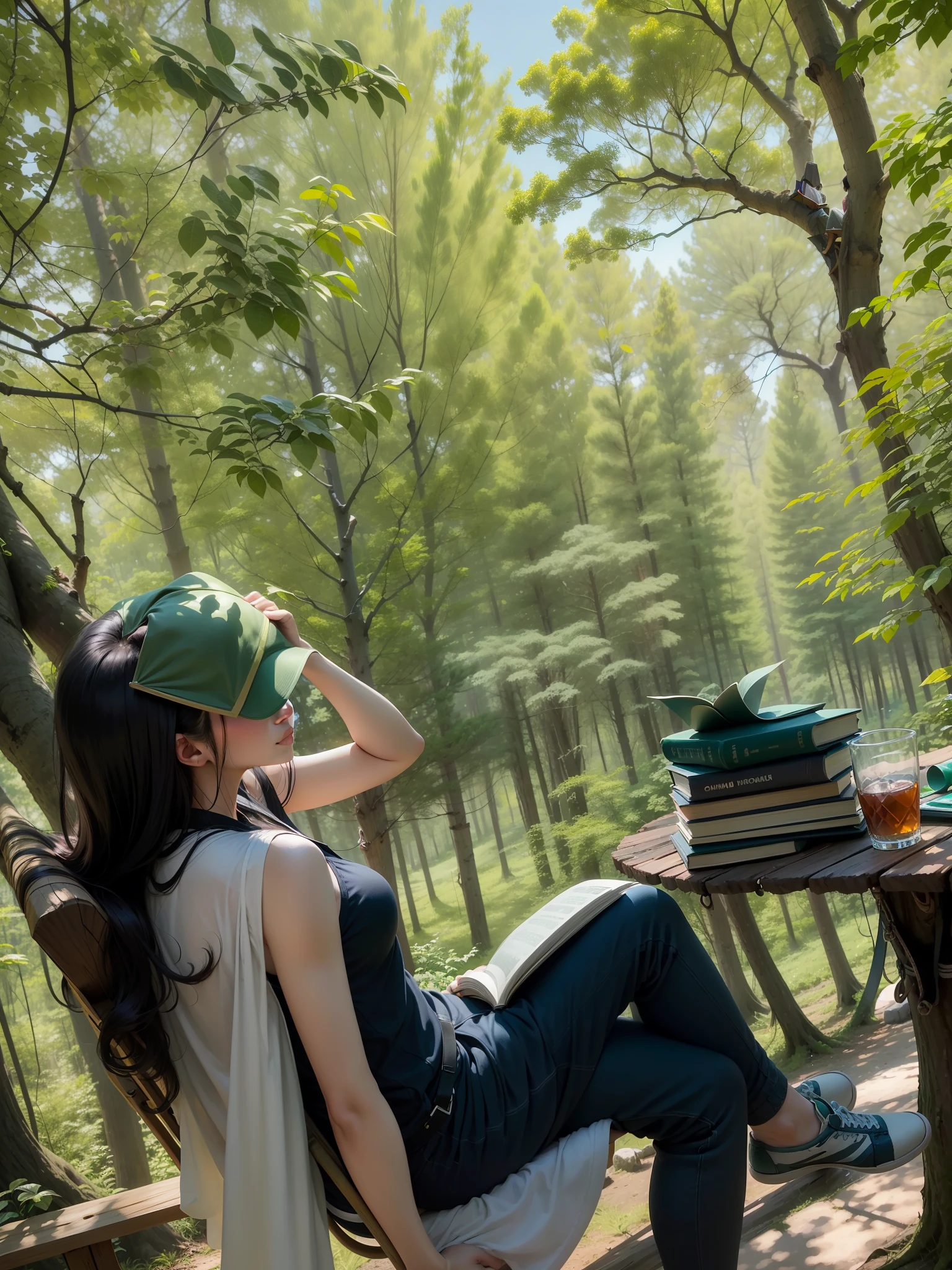 sitting on the chair,A woman with a book on her head, in a tree house, amidst nature, against the backdrop of trees, reading under a tree, in green forest, sitting in the forrest, in harmony with nature, mingchen shen, with trees, in a tree, forest picnic, with a tall tree, xintong chen, sitting in a tree