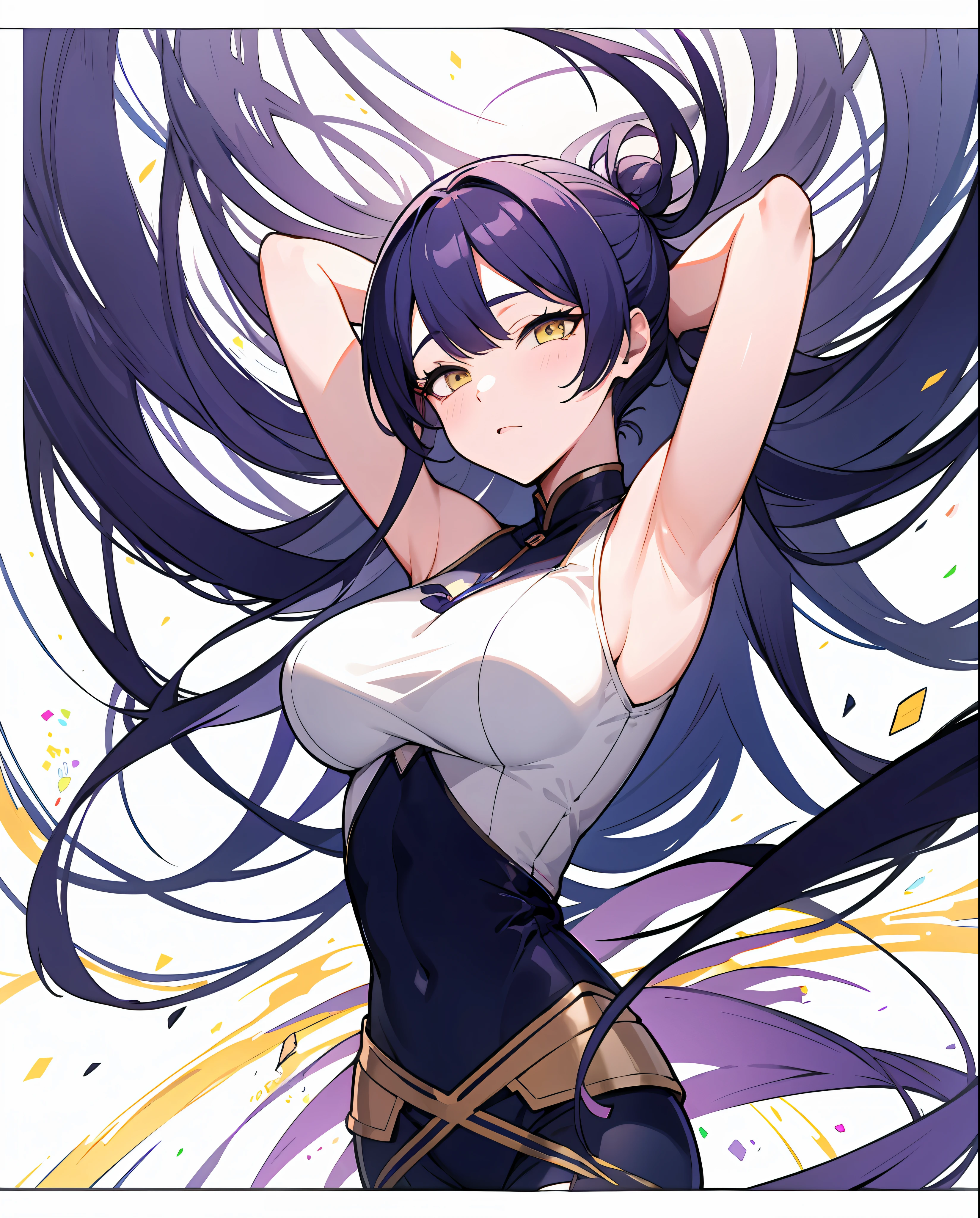 anime girls with purple hair and yellow eyes are posing for a picture, anime girls, ecchi anime style, sfw version, pixiv 3dcg, ahegao, top rated on pixiv, oppai, pixiv, official fanart, ecchi, popular on pixiv, at pixiv, anime! 4k, anime! 4 k, head is up, arms out of frame, hands oit of frame, upper body, large breasts, full body, garter belt, thighhigh boots