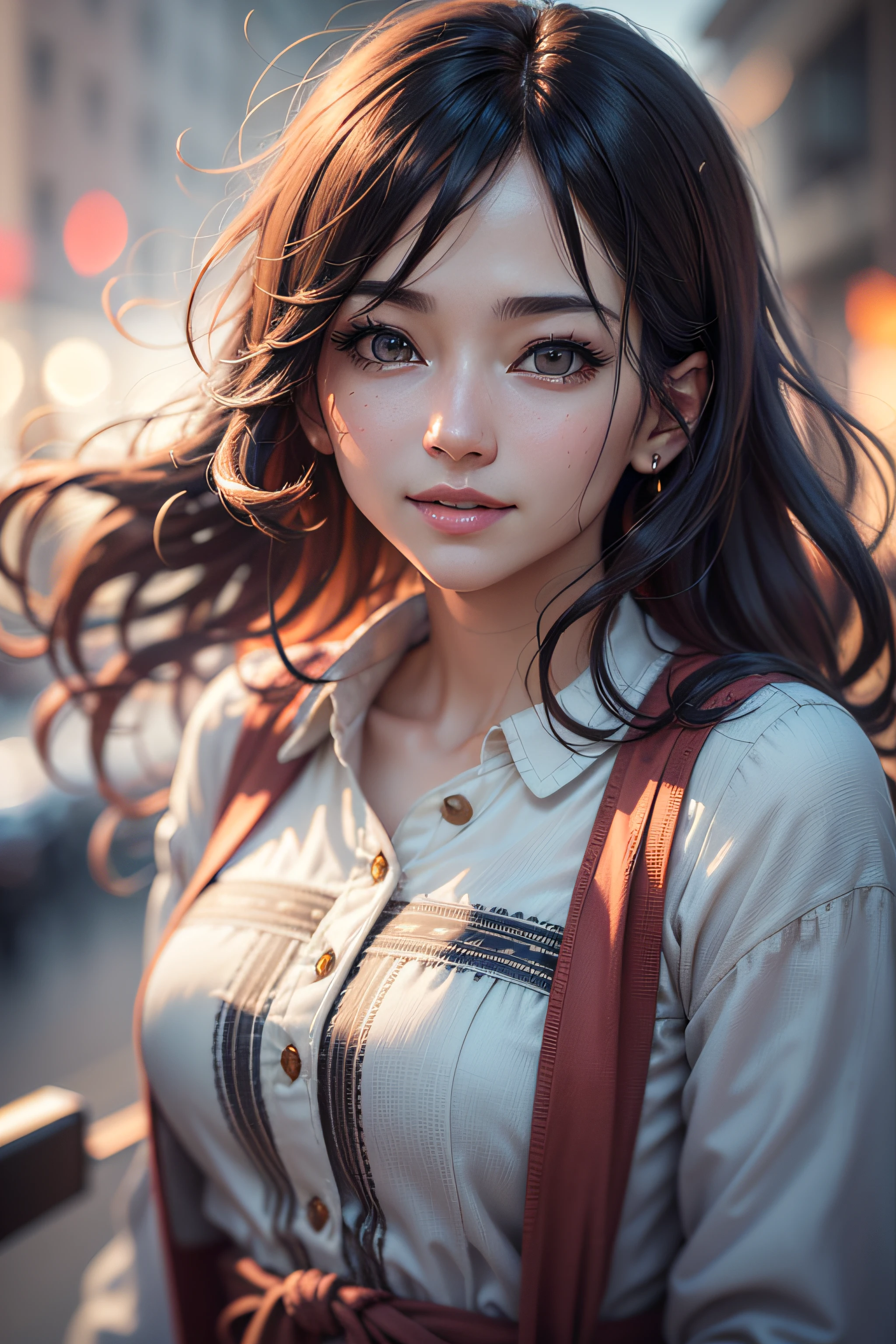 (masterpiece), (best quality), ((high resolution)), fiveseven, long ponytail, wool jacket off the shoulder, black pleated skirt, smile, city, dynamic pose, lineart --auto