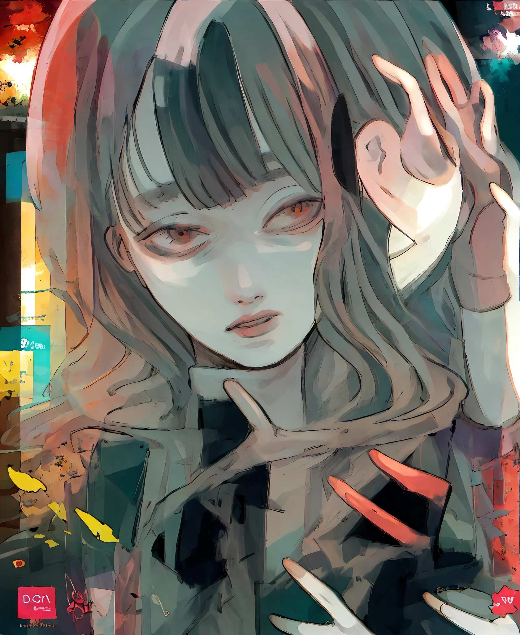 Uma garota triste (Asian girl, estilo anime 90 years, manga cover,inio asano,Garota adolescente,depression,garota coreana,cabelo curto cacheado)