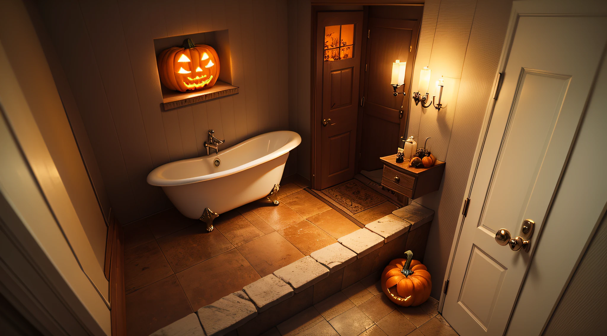 Realisticstyle,bathroom,bathtub,ground,More ground,Overhead angle,pumpkin,overlook,Halloween atmosphere --auto