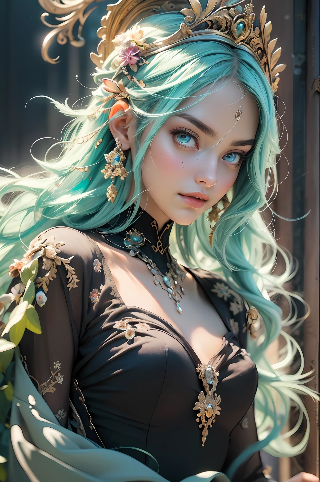 (((masterpiece))), (((best quality))), ((ultra-detailed)), (hyperrealistic), (highly detailed CG illustration), ((an extremely delicate and beautiful)),cinematic light, Create a stunning anime artwork that is currently trending on ArtStation, showcasing exquisite beauty and captivating aesthetics. The art piece should be highly detailed, featuring a compelling character and a visually appealing environment. The character in the artwork is a graceful and enchanting figure, radiating an aura of elegance. Pay close attention to intricate facial features, such as mesmerizing eyes with vibrant colors and delicate shading. The character's clothing should be designed with elaborate patterns, flowing fabrics, and rich textures, reflecting a blend of fantasy and contemporary fashion. Place the character in a captivating environment that enhances the overall appeal of the artwork. It could be a breathtaking natural landscape, a bustling futuristic cityscape, or a mystical realm filled with magical elements. Incorporate vibrant colors, dynamic lighting, and detailed background elements to create a sense of depth and immersion. Consider the latest trends in anime art, such as incorporating unique lighting effects, exploring creative composition techniques, or experimenting with unconventional color palettes. Take inspiration from the top artists on ArtStation and their exceptional execution of various art styles and themes. Camera: Choose an angle that highlights the character's beauty and the immersive environment. Lighting: Utilize atmospheric lighting techniques to create depth and mood. Resolution: Aim for a high-resolution artwork to showcase intricate details and clarity. Art Inspirations: Seek inspiration from the trending artists on ArtStation, exploring different styles, genres, and themes.