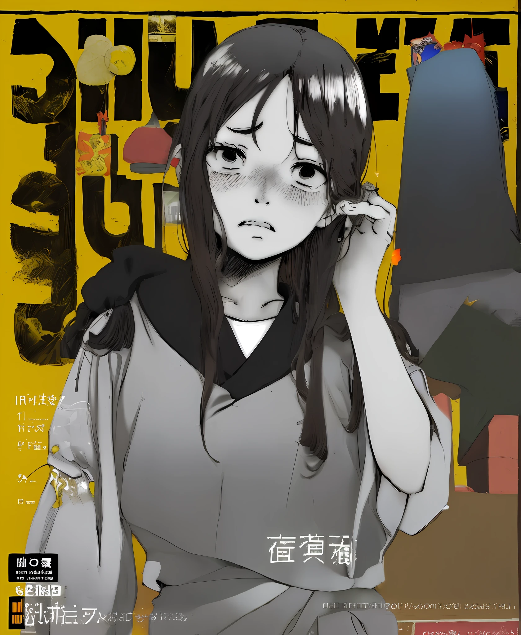 Uma garota triste (Asian girl, estilo anime 90 years, manga cover,inio asano,Garota adolescente,depression,garota coreana,cabelo curto cacheados )