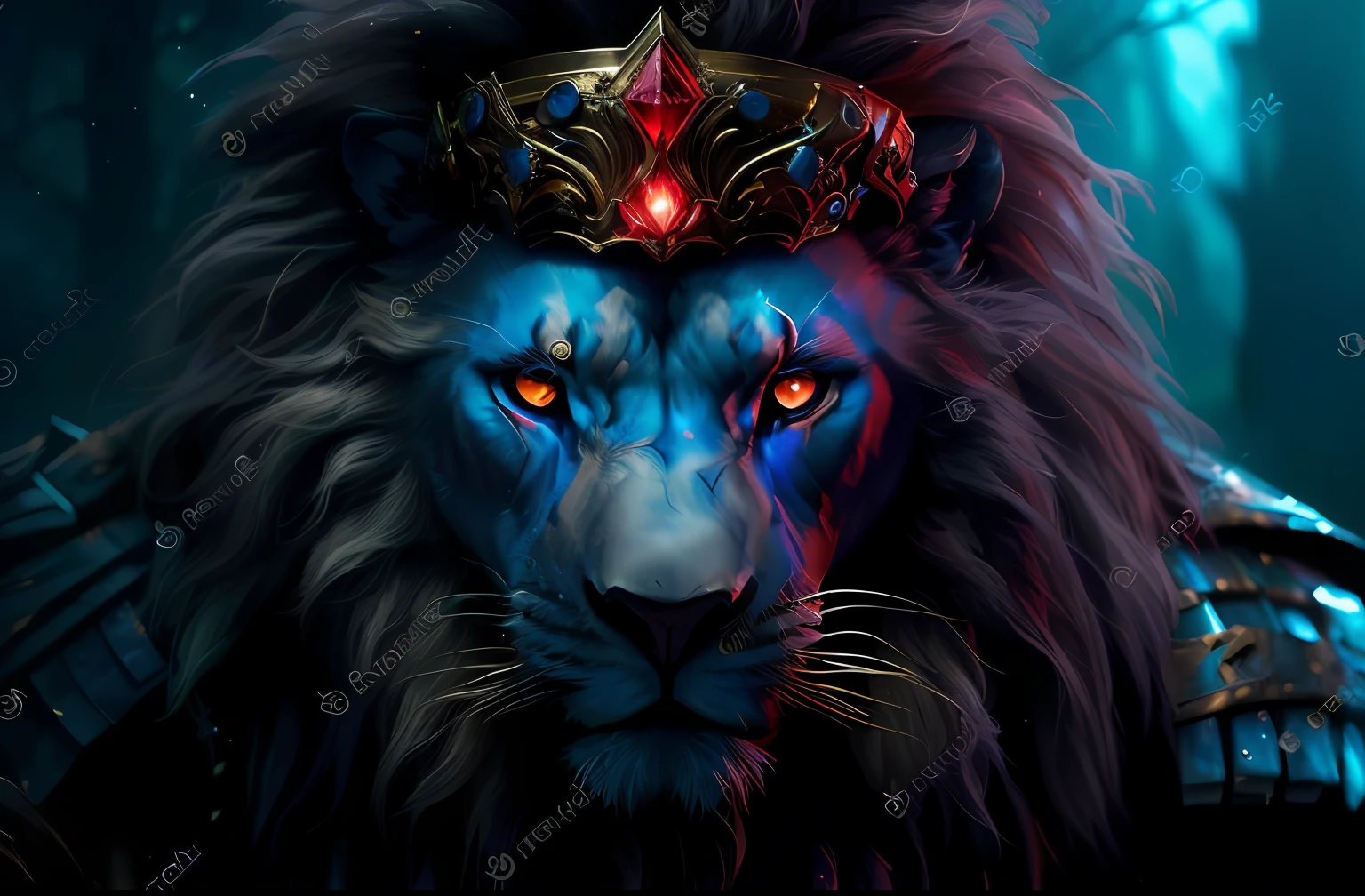 a close up of a lion with a crown on its head, leao guerreiro, leao de fogo, roaring blue lion. majestoso, Senhor das Bestas, epic fantasy art style hd, 8k high quality detailed art, Rei da selva, pintura digital de alta qualidade, Senhor da Selva, cinematic digital art, arte digital de fantasia detalhada, detailed digital 3d art