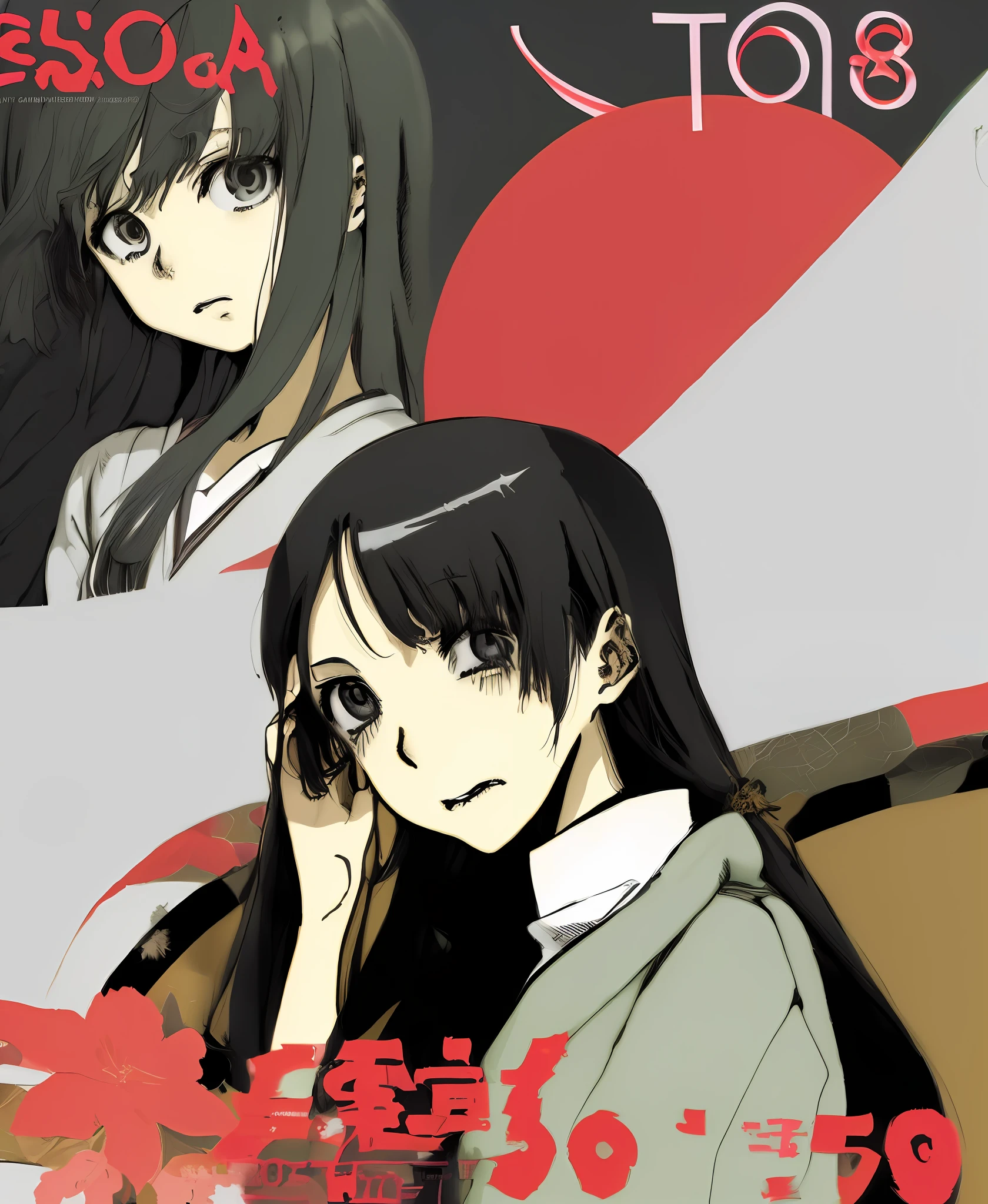 Uma garota triste (Asian girl, estilo anime 90 years, manga cover,inio asano,Garota adolescente,depression,garota coreana,cabelo curto cacheados )
