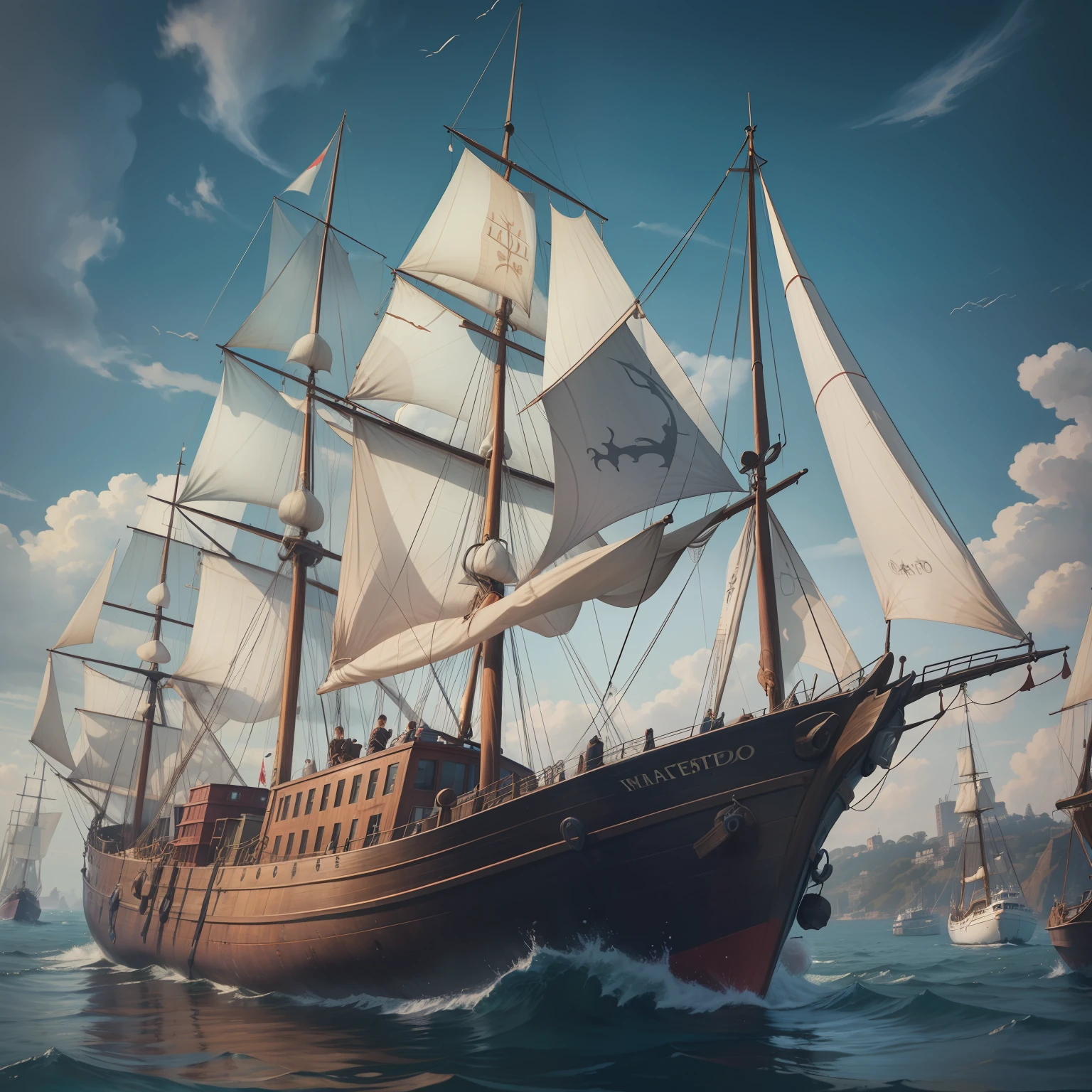 masterpiece, Highly detailed, an ultra realistic, Detailed background, bright Lighting, Daylight, medieval style,
harbor、Dock、Wooden sailing warship、departure、Red tape、farewell、look up from below、