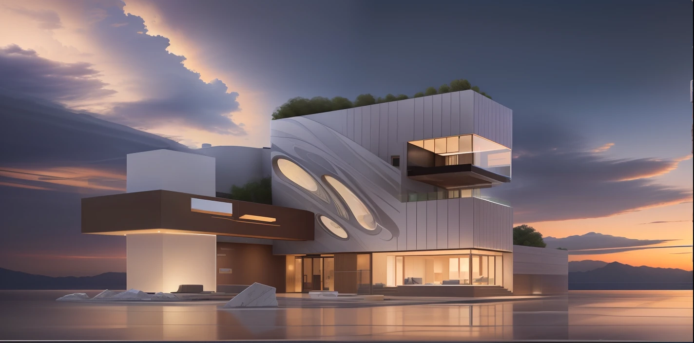 architectural rendering,The first floor is made of a large area of glass,architectural rendering,Large area of glass on the first floor,Bright lights poured out of the glass on the first floor, The exterior walls other than glass are made of gray dry-hanging marble slabs,detailed rendering, architectural concept,(Follow the reference image to show the rendering)