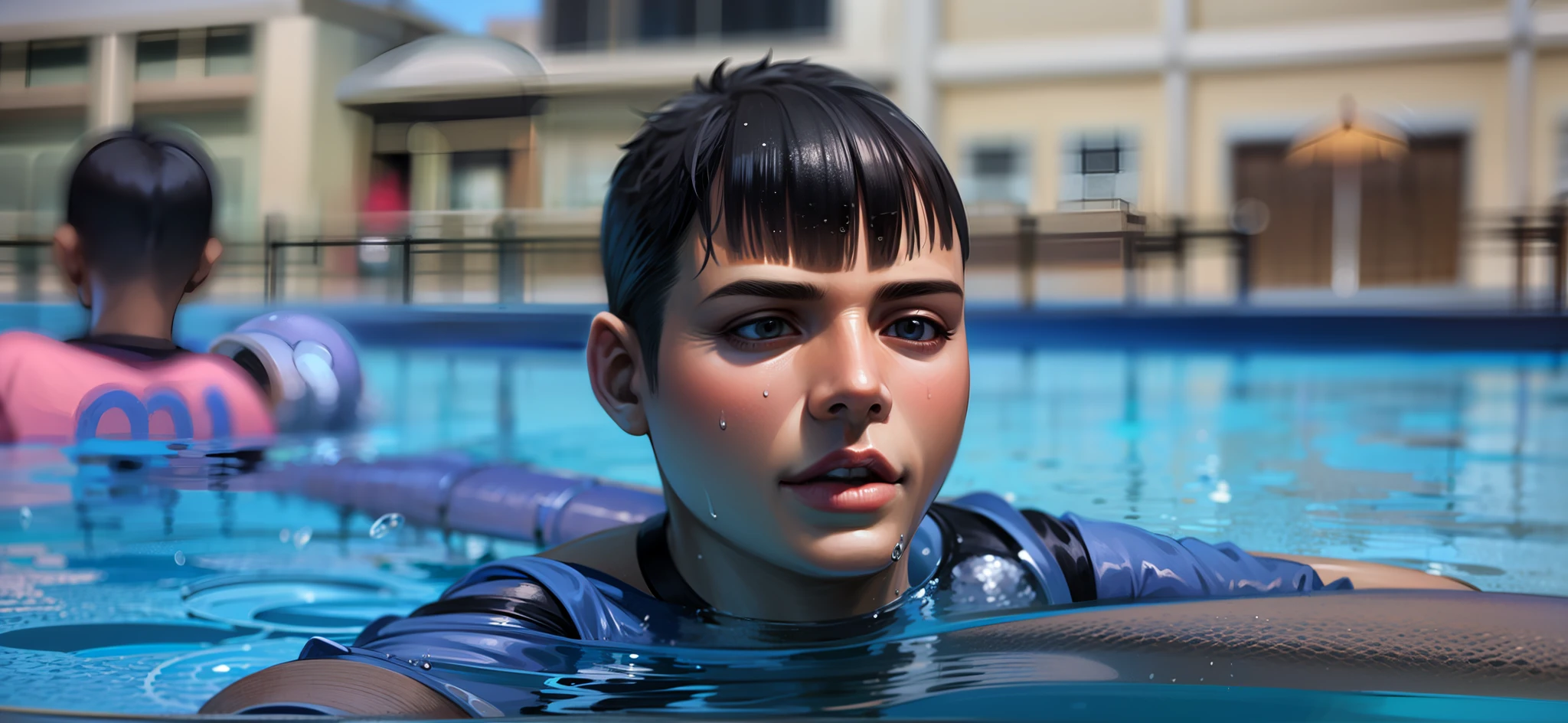 Menino em um traje de banho em uma piscina com um frisbee, em uma piscina, sentado na piscina, at the water, at the water! up to shoulders, swimming, Jogar na piscina, at the water, water dripping off him, olhos lacrimejantes, emerging from the water, half face in the water, swimming to surface, face in water, anime mulher pelada-water eye style