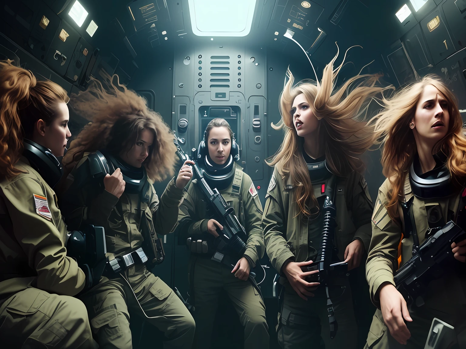 a group of women in military uniforms are standing in a spaceship, in a spaceship, dramatic sci-fi movie still, depicted as a scifi scene, military photography, sci-fi cinematic movie still, epic scifi movie still, on a spaceship, an epic scifi movie still, photography alexey gurylev, wojtek fus, cinematic scifi shot, in a space station