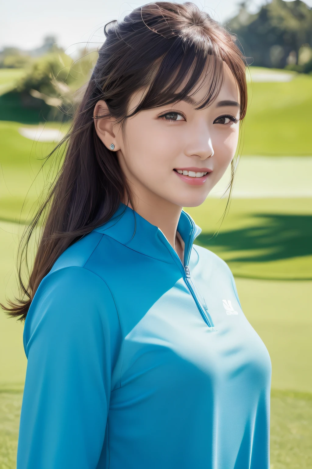 (8K、sthe highest qualit、MASTERPIECE:1.2)、(Realistic、pfotorealistic:1.37)、Super Detail、1人、a Pretty、solo、(Redness of the nose)、(smileing:1.15)、(With mouth closed) small breasts、beautiful eye、(Long:1.2)、Floating Hair Novafrog Style、all body、golf course、Golf Wear