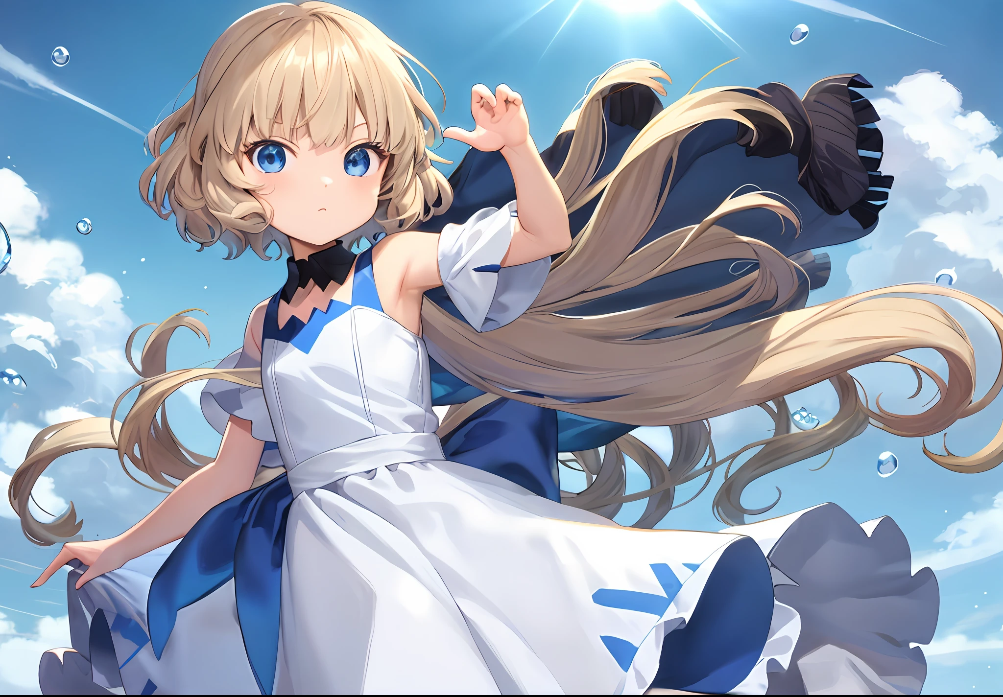 anime girl with long white hair and blue eyes in a white dress, loli in dress, anime visual of a cute girl, anime moe artstyle, sky blue eyes, anime style 4 k, an anime portrait of cirno, cute anime waifu in a nice dress, loli, splash art anime loli, tsuaii, small curvy loli, anime clouds