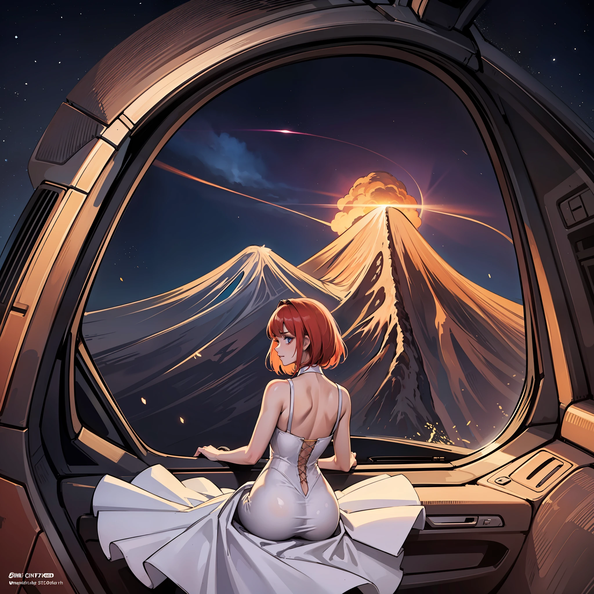 ,(Beautiful skyline,Magnificent volcano),(Intense and dramatic imagery,Stunning visuals),(The hanging North Star,Colorful natural light),There is a female fever wearing a white pencil dress(red short hair),Sit in the car,Head against the window