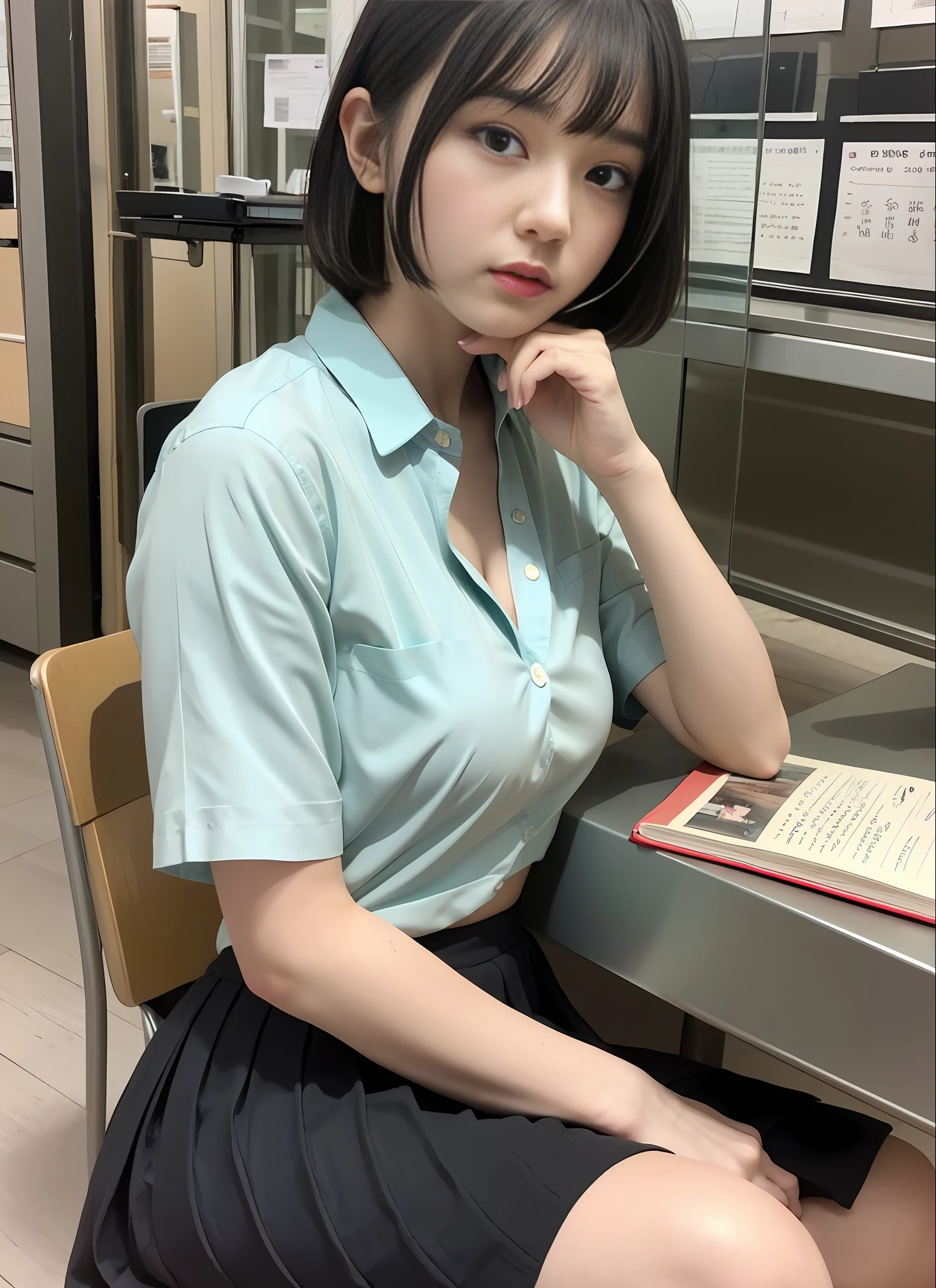 Full body portrait。Angle from below。The landscape is、Japan High School Classroom。Meanwhile、High school girl sitting at desk。She wears her Japan high school uniform。Unbuttoned white plain shirt、Plain grey pleated skirt、Gray sports bra、big Chest。Her hair is in a short bob cut with black hair、thick bangs、We have all。Glossy hair。The girl looks at the notebook with a serious expression、Hold the pen、She seems to be studying with a serious expression。With details reproduced to the smallest detail、Express her facial expressions and even the texture of the fabric of her clothes。At the highest image quality、Draw a full-Reflecting that she is an examinee。