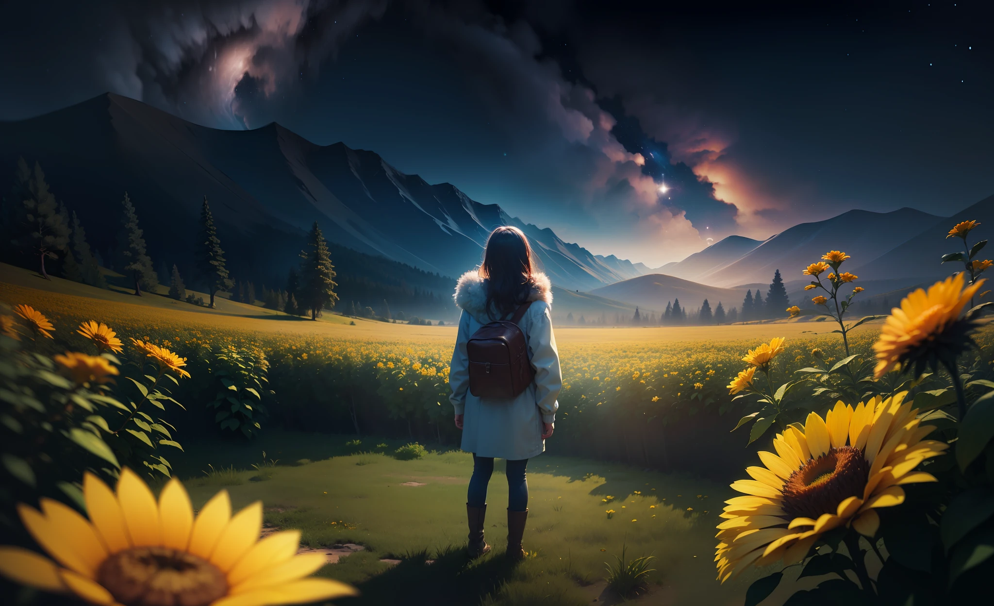Extensa fotografia de paisagem (quando visto de baixo, the sky above and the open field below), a girl standing on a flower field and looking up, (lua cheia: 1.2), (meteoro: 0.9), (nebulosa: 1.3), montanhas distantes, trees BREAK Crafting Art, (luz quente: 1.2), (Pirilampos: 1.2), Luzes, muito roxo e laranja, detalhes intrincados, volumetric lighting, realismo BREAK (obra prima: 1.2), (Melhor qualidade), 4K, Ultra-, detalhado, (Dynamic composition: 1.4), Muito detalhado, detalhes coloridos, (Luminous lighting, Atmospheric lighting), Sonhador, Magical, (Somente: 1.2)