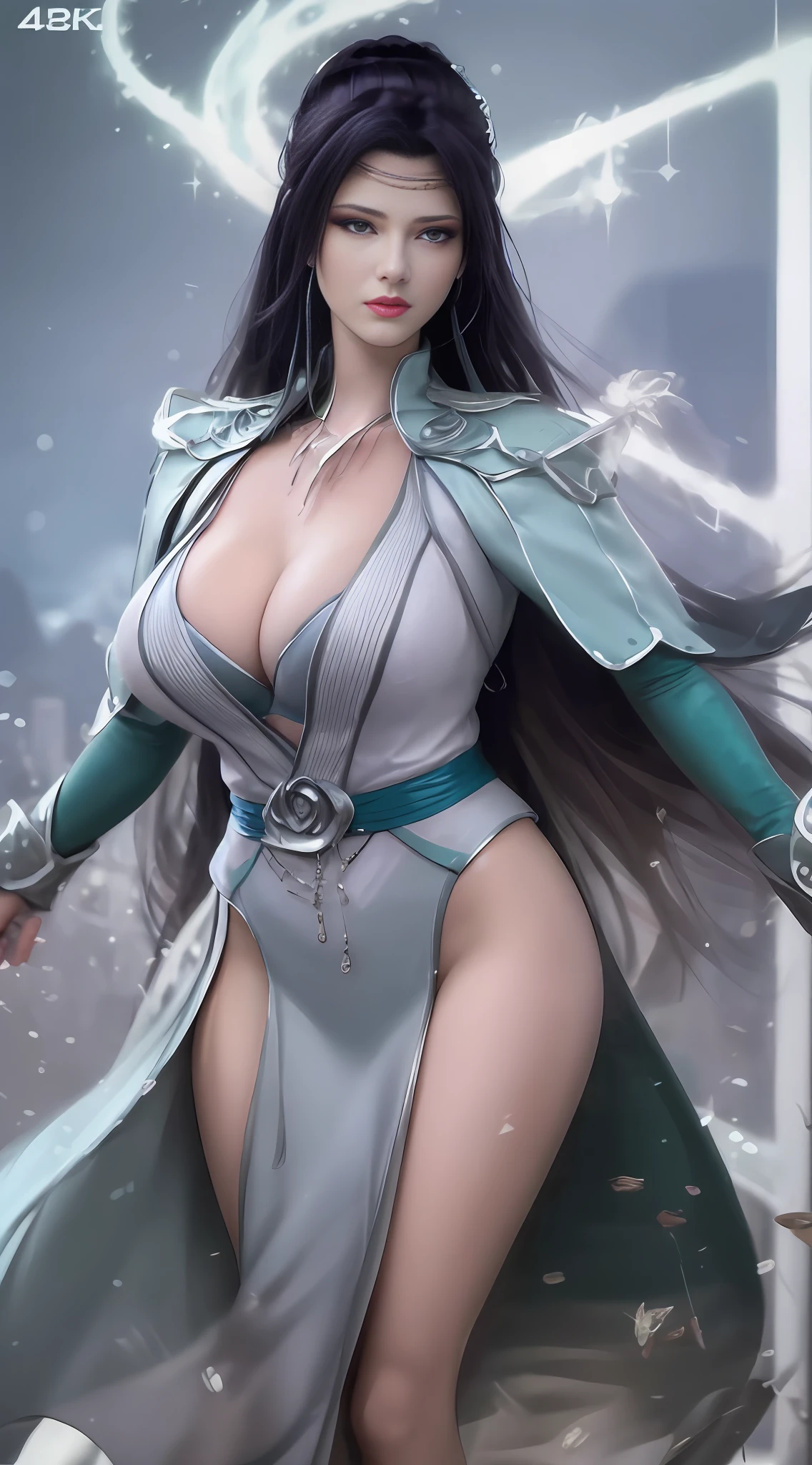 (Best quality, 4k, Masterpiece :1.3), beautiful woman, hyper realistic, 1girl, (massive breasts, attractive body :1.2), Wallpaper HD, Standing on castle, ultra-detailed face, detailed lips, detailed eyes, double eyelid, sensual low-necked dress, open neckline, hanging breasts, Walking pose, visible curves, transparent robe, muscular turned leg, shiny body