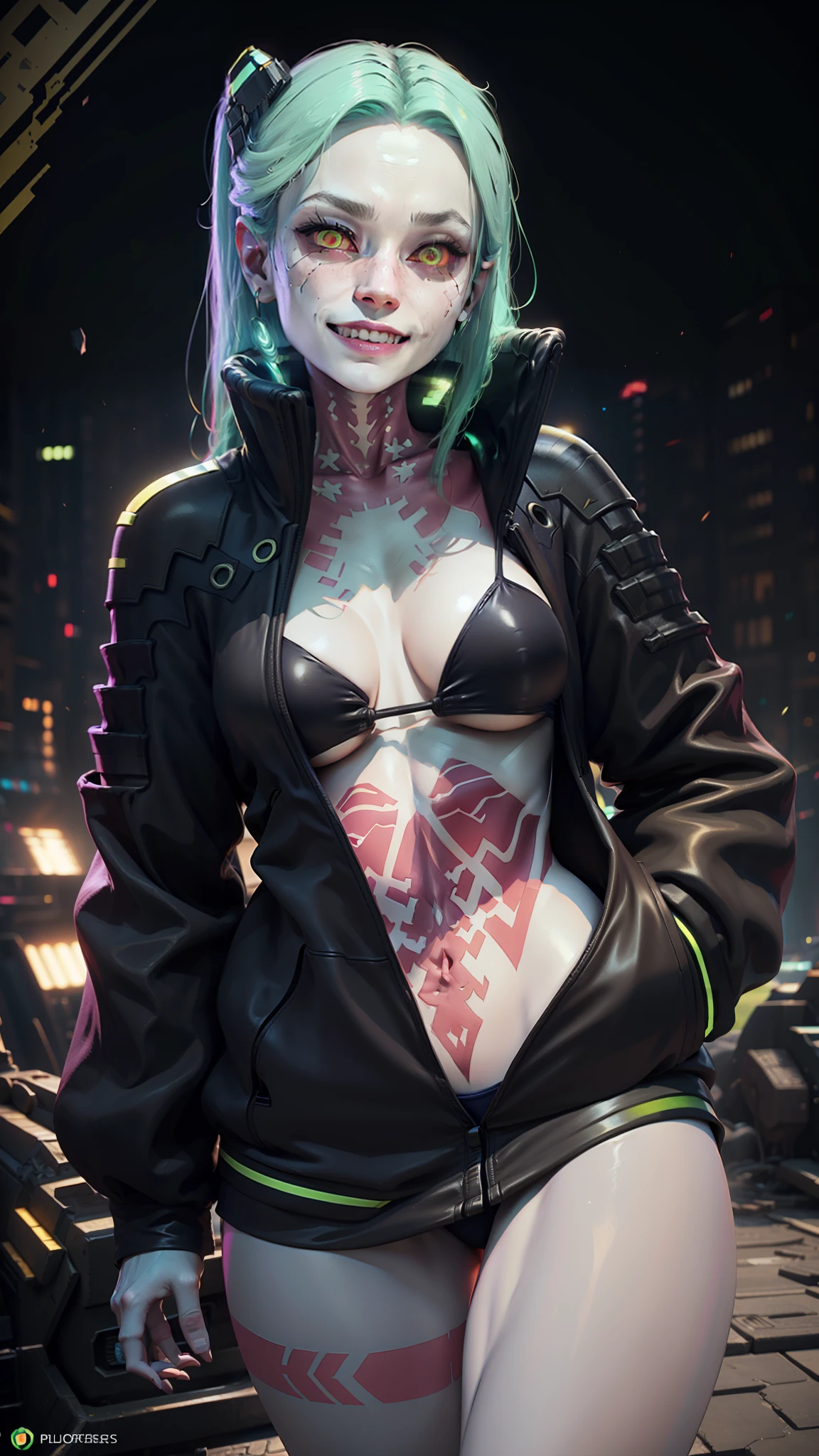 ((Best Quality)), ((Masterpiece)), (Detailed: 1.4), 3D, An Image of a Beautiful Cyberpunk Woman,HDR (High Dynamic Range),Ray Tracing,NVIDIA RTX,Super-Resolution,Unreal 5,Subsurface Scattering, PBR Texture, Post-processing, Anisotropic Filtering, Depth of Field, Maximum Clarity and Sharpness, Multilayer Textures, Albedo and Specular Maps, Surface Shading, Accurate Simulation of Light-Material Interaction, Perfect Proportions, Octane Render,  Two-Tone Lighting,Wide Aperture,Low ISO,White Balance,Rule of Thirds,8K RAW, 1girl, rebecca(Cyberpunk: Edgerunners)(series) Cybernetic girl with cyberpunk prosthesis, in simple shot, open leather jacket, long hair, green hair, futuristic style, mechanical eyes, colored sclera, red sclera, colored skin, sea blue skin, pink tattoos, leg tattoos,  neck tattoos, green hair, long hair, perfect breasts, perfect body, , bikini, fangs, red pupils, skin fangs, red eyes, evil smile, colored lips, purple lips, purple lips