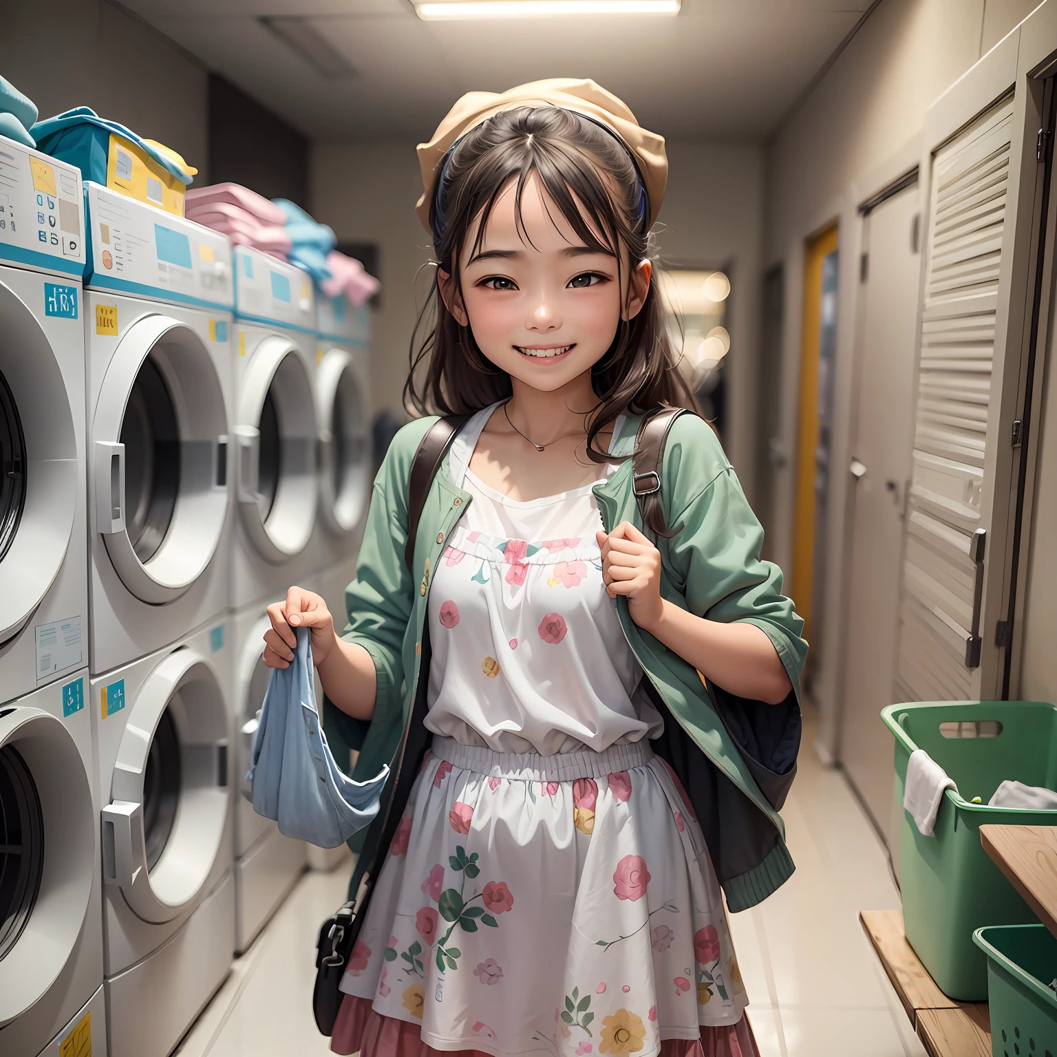 there is a young girl standing in front of a row of washing machines, in a laundry mat, portrait of a japanese , japanese clothes, anime style mixed with fujifilm, cute women, taken with canon eos 5 d mark iv, 2 4 mm iso 8 0 0 color, captured on canon eos r 6, shot on sony a 7 iii, young asian girl