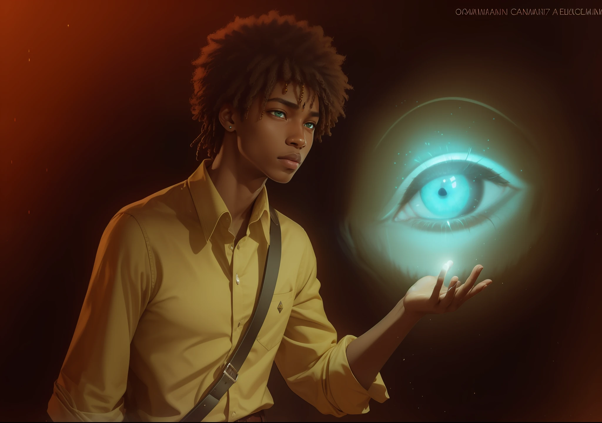 4k, realista, muito detalhado, adolescente afrodescendente masculino de 14 anos, pele negra, rosto detalhado, amber eyes, athletic. Ele usa uma camisa clara e uma bolsa de couro marrom. He has his hand outstretched and has a hologram of Horus' eye on it, com luz verde