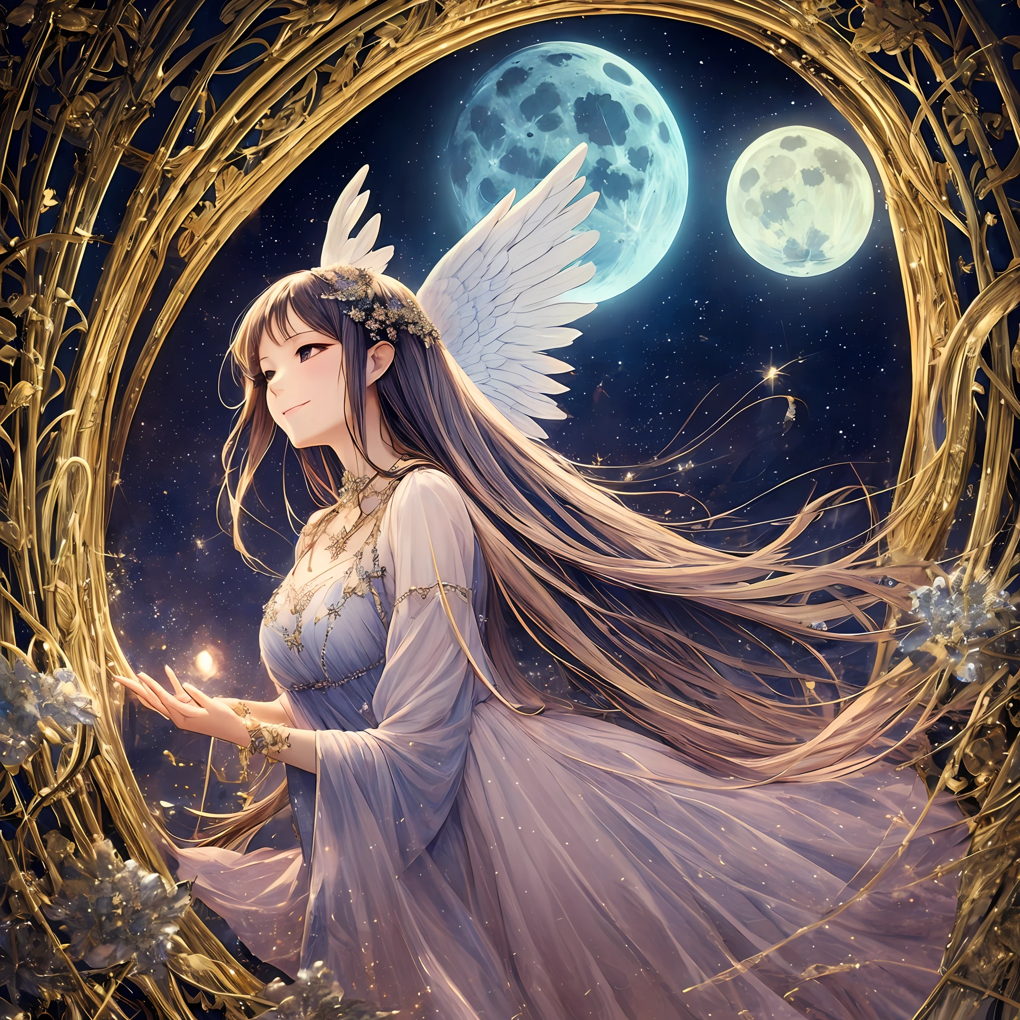 Angel illuminated by the light of the full moon at sea、Angel smile、Angel in Pink Dress、Starry Night、moon light、Light of Mystery、Lovely、Master peace --auto