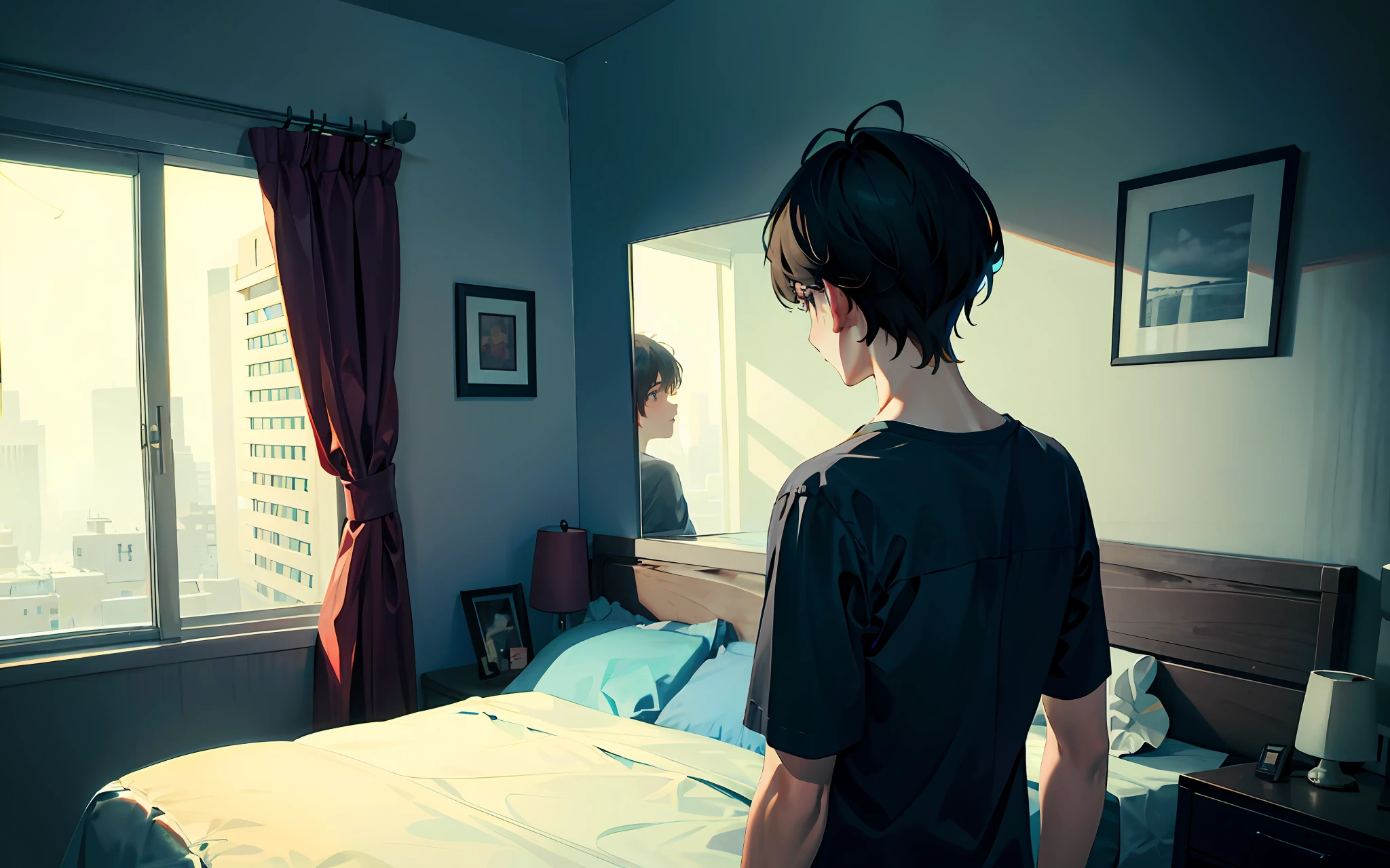 A sad boy in his room with a wistful look looking out the window