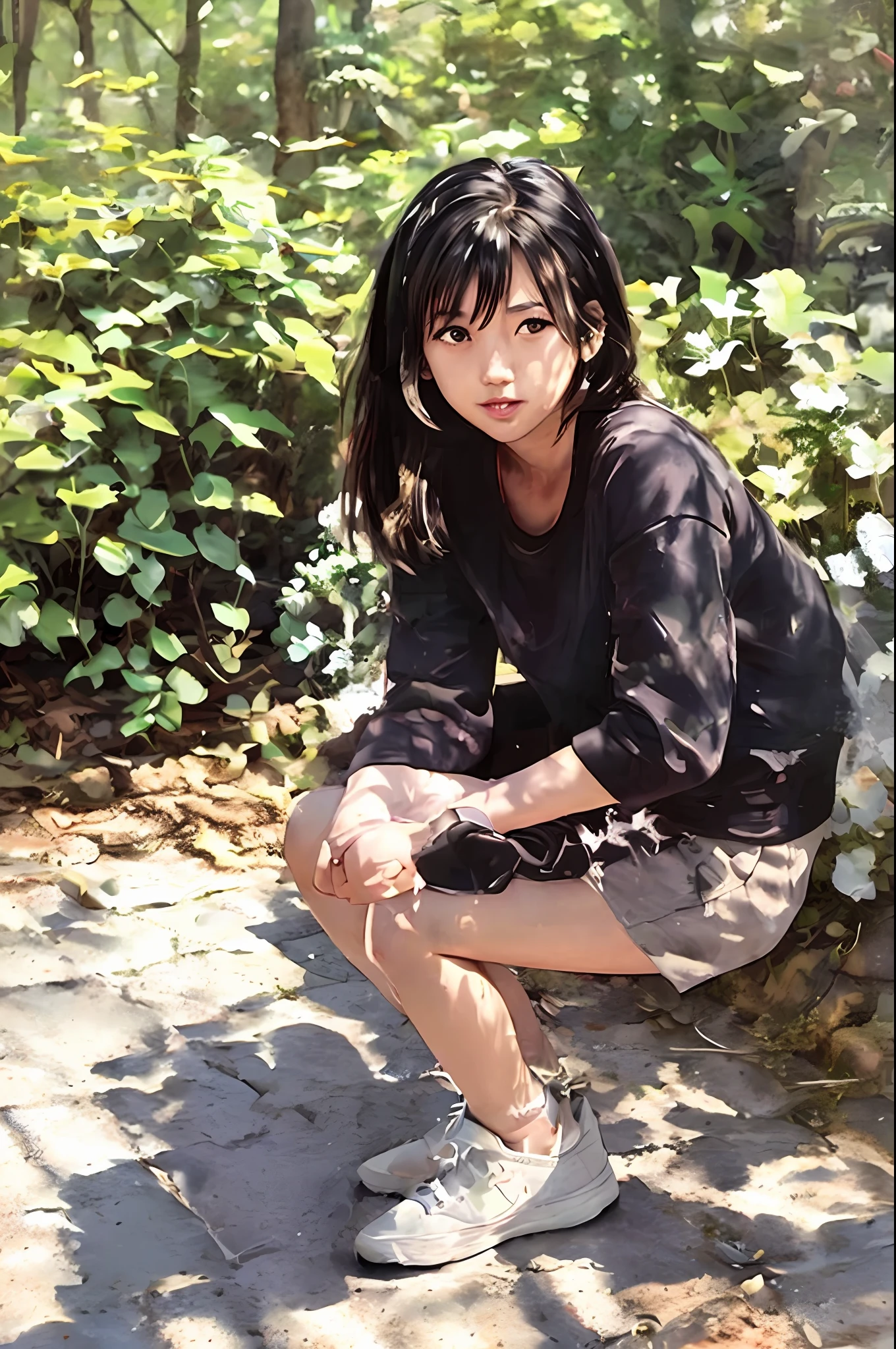 a very nice looking young woman is taking a piss in her pants, 1girl, underwear, solo, panties, panty pull, peeing,pubic hair, , pee, skirt, squatting, female pubic hair, white panties,girl sitting in her purple tent outdoors waiting for her parents to show up, tent, outdoors, solo, 1girl, shoes, shirt, smile, tree, sitting, black footwear, twintails, white shirt, green eyes, pants, jacket, open clothes, sneakers, day