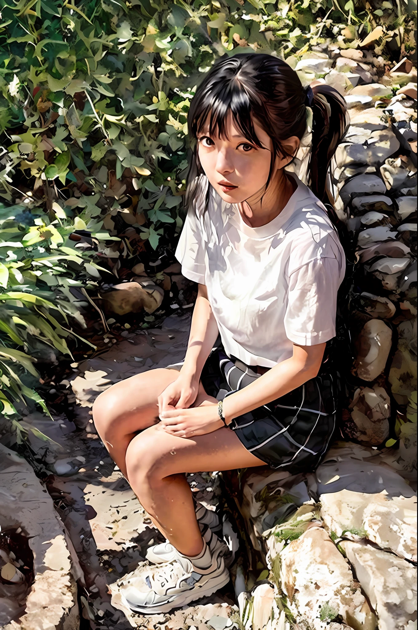 a very nice looking young woman is taking a piss in her pants, 1girl, underwear, solo, panties, panty pull, peeing,pubic hair, , pee, skirt, squatting, female pubic hair, white panties,girl sitting in her purple tent outdoors waiting for her parents to show up, tent, outdoors, solo, 1girl, shoes, shirt, smile, tree, sitting, black footwear, twintails, white shirt, green eyes, pants, jacket, open clothes, sneakers, day