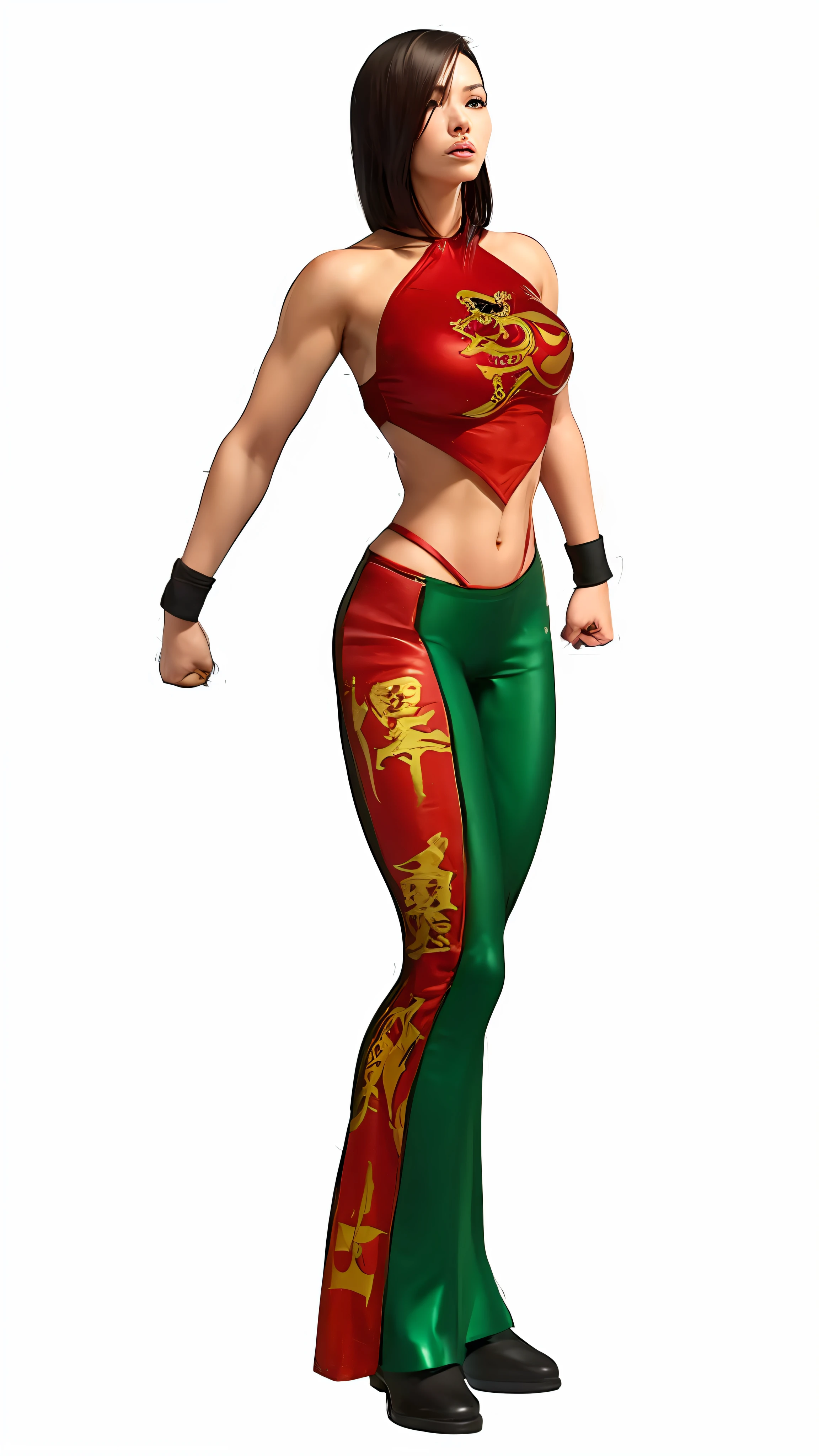 a close up of a woman in a red and green outfit, fighting game character, as a character in tekken, character from king of fighters, inspired by Ju Lian, mai shiranui, heroic muay thai stance pose, inspired by Pu Hua, character from mortal kombat, tai costume, inspired by Wu Li, kunoichi, female character, martial art pose