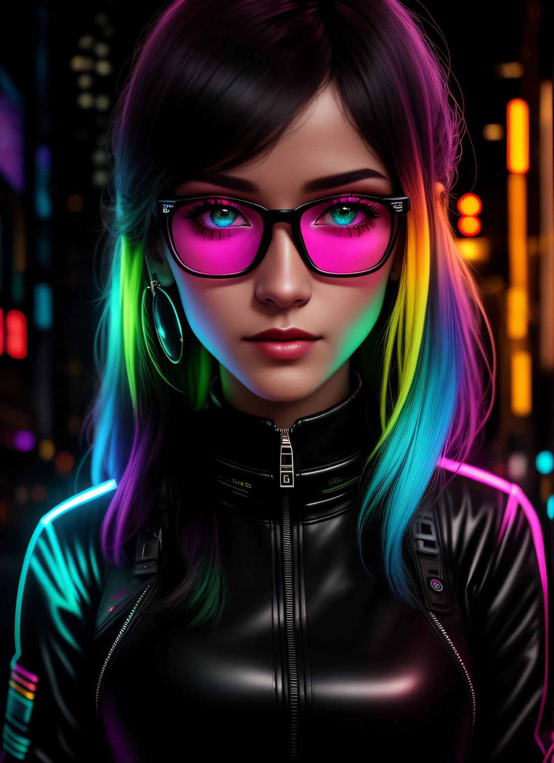 Uma foto de obra-Prize-Uma mulher ciborgue's with psychedelic colors standing using neon-vidros coloridos brilhantes, 8k, (alta qualidade: 1.1), (cinematic feel: 1.1), sombras escuras e profundas , detalhamento incrivelmente intrincado, arte , (de perto: 1.1), de cima, olhando para o observador, (brilhantes de luz: 1.1), (aberration Chromatic,: 1.2) fundo com artefatos de luz flutuantes