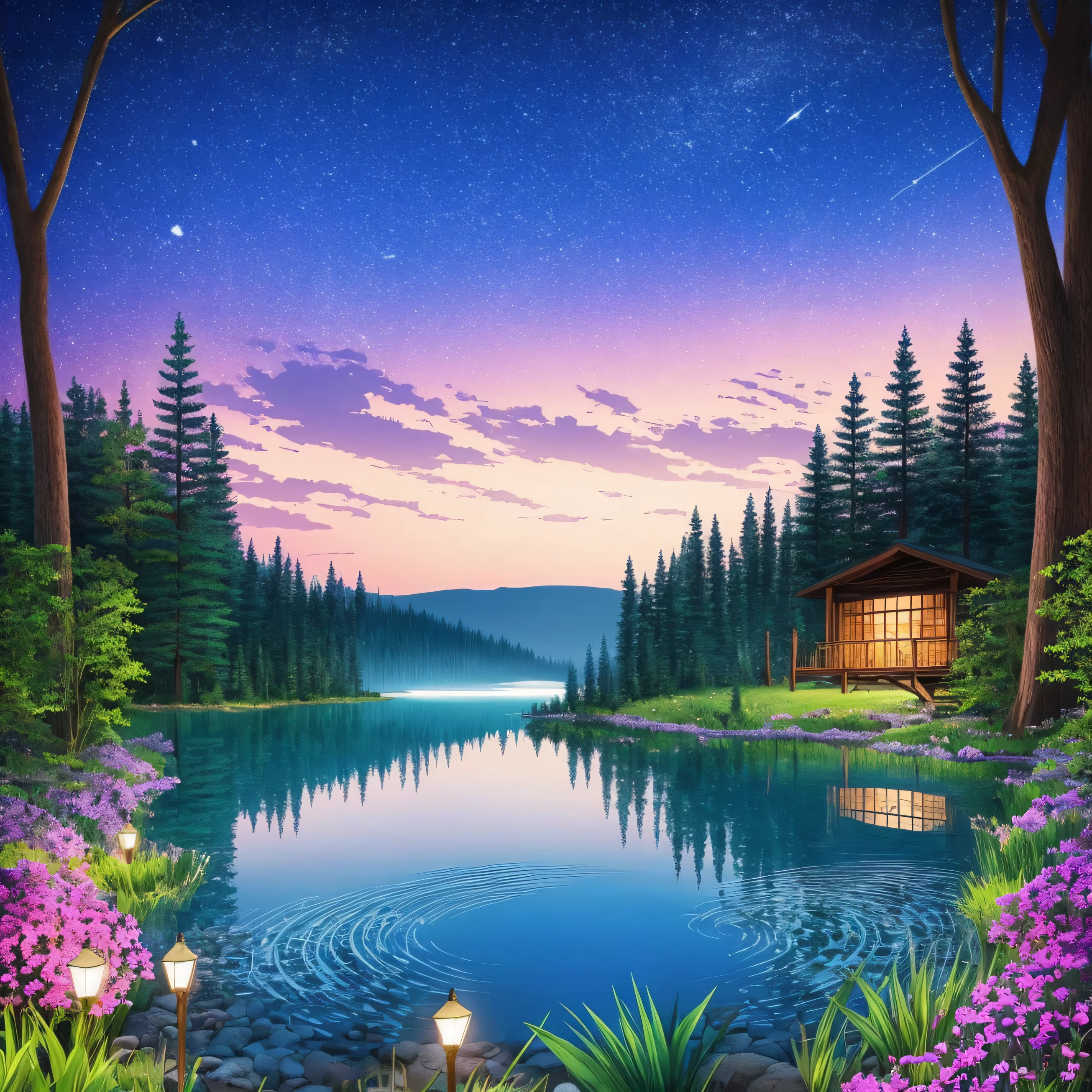 Create a landscape of a forest with a beautiful lake very relaxing at night --auto --s2