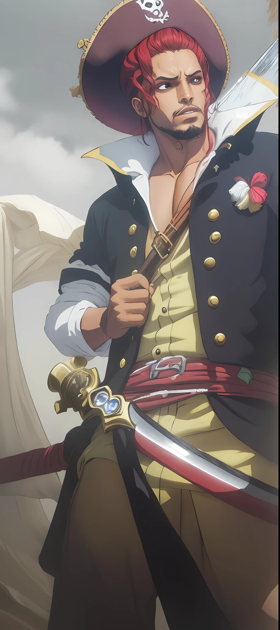 Pirata lord de pele negra com grande chapeu vermelho, desenbanhando uma espada,cabelo ((vermelho))