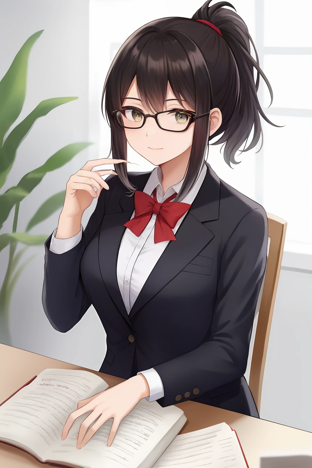 Obra prima. Desenho animado ocidental. De frente para o espectador, Elegant businesswoman, wearing modern glasses, Beautiful and confident sitting in her nutrition office. cinematic lightining.
Mesa no centro da sala, em cima um computador, Agenda and vase of flowers orchids + detalhes.
Ela usa uma camisa branca com um blazer, olhos castanhos escuros + detalhe, seu cabelo preto + Details is stylized ponytail. His expression is focused and determined, with a hint of smile that conveys your inner strength and confidence. Ao fundo, uma grande janela oferece uma vista deslumbrante de um lindo jardim. The general mood is one of power and ambition, capturing the strength and determination of a woman well-sucedida no ambiente de trabalho. 40 anos, cabelo preto, olhos castanhos, persa, cabelo elegante feito, coque de cabelo apertado. Platereira de livros no consultorio.