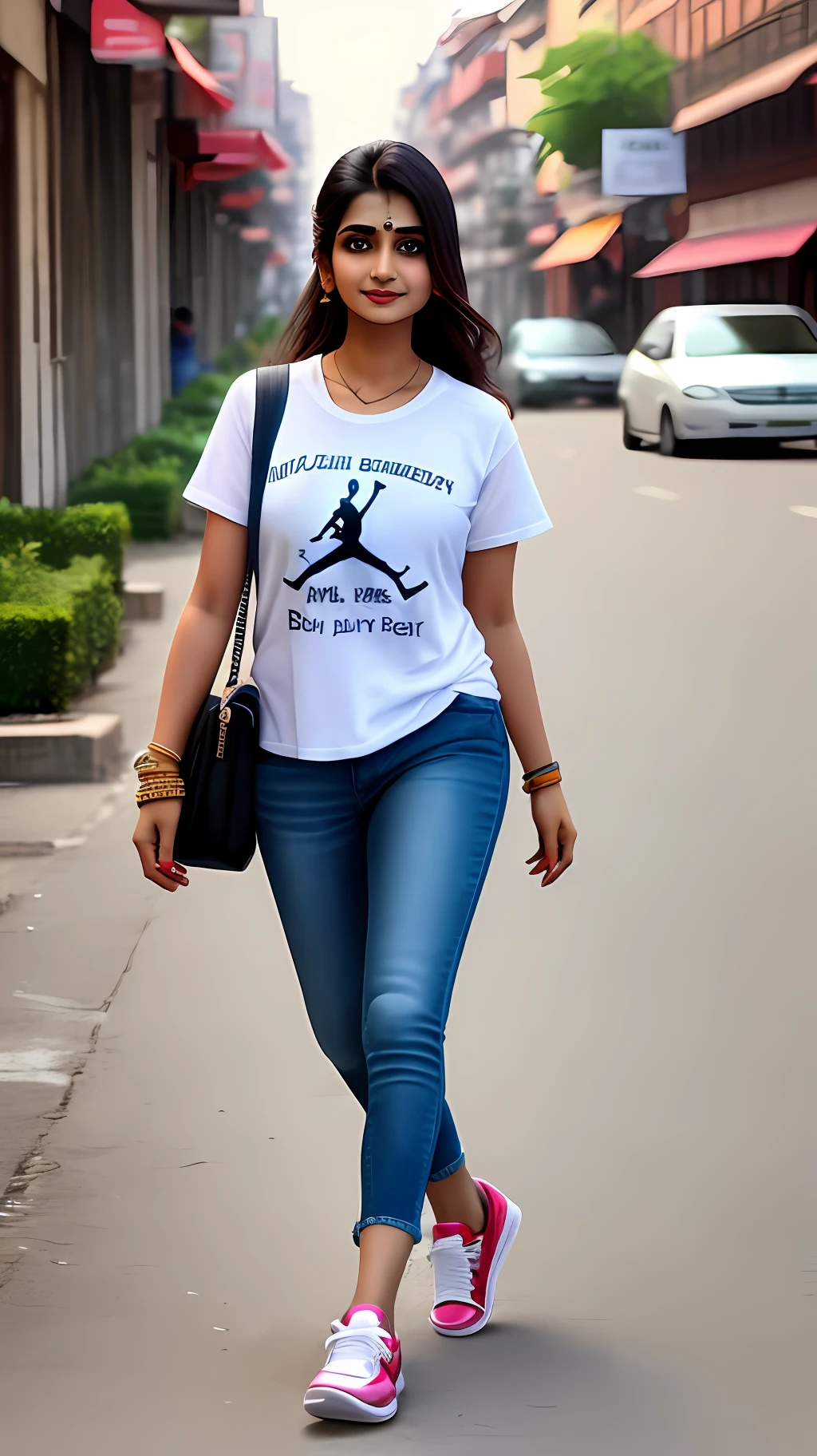 Indian beautiful pretty girl, air Jordan sneakers, rolex watch, guchhi shirt, jeans, street alone walked