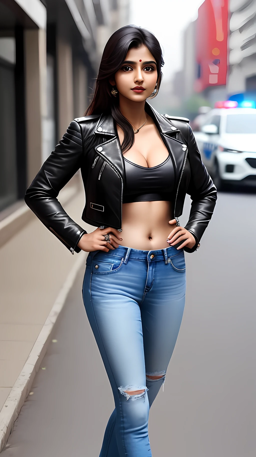 indian sexy girl,  boobs,trendy Jean's, half black leather jacket, gorgeous pretty beauty, looks hot, 🚨 police officers