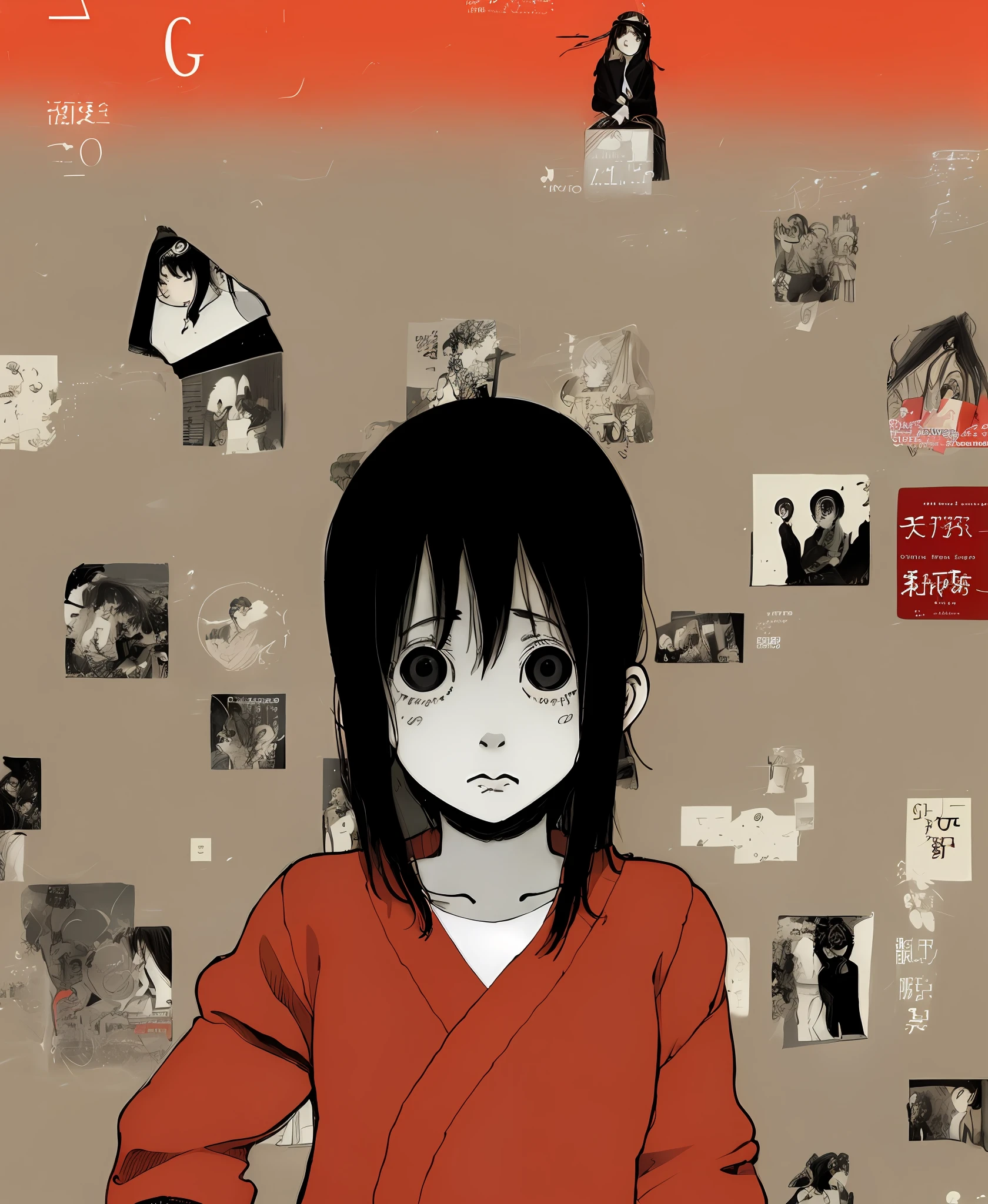 Uma garota triste (Asian girl, estilo anime 90 years, manga cover,inio asano,Garota adolescente,depression,garota coreana,cabelo curto cacheados, trans)
