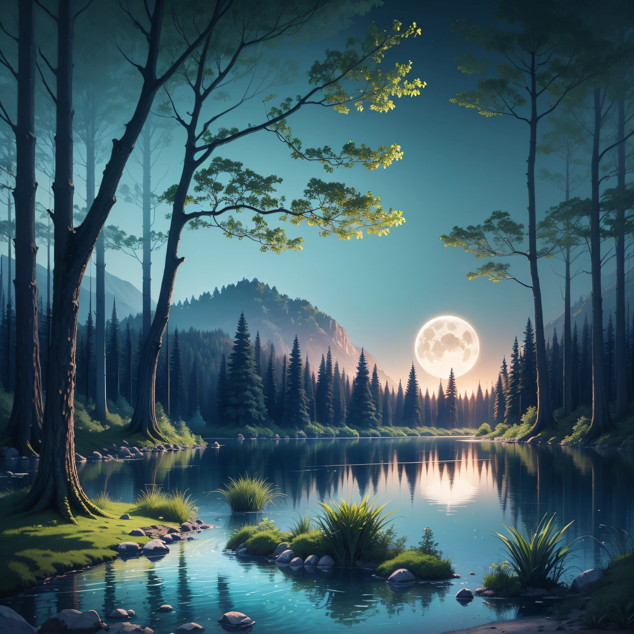 Create a landscape of a forest with a beautiful lake at night very relaxing --auto --s2