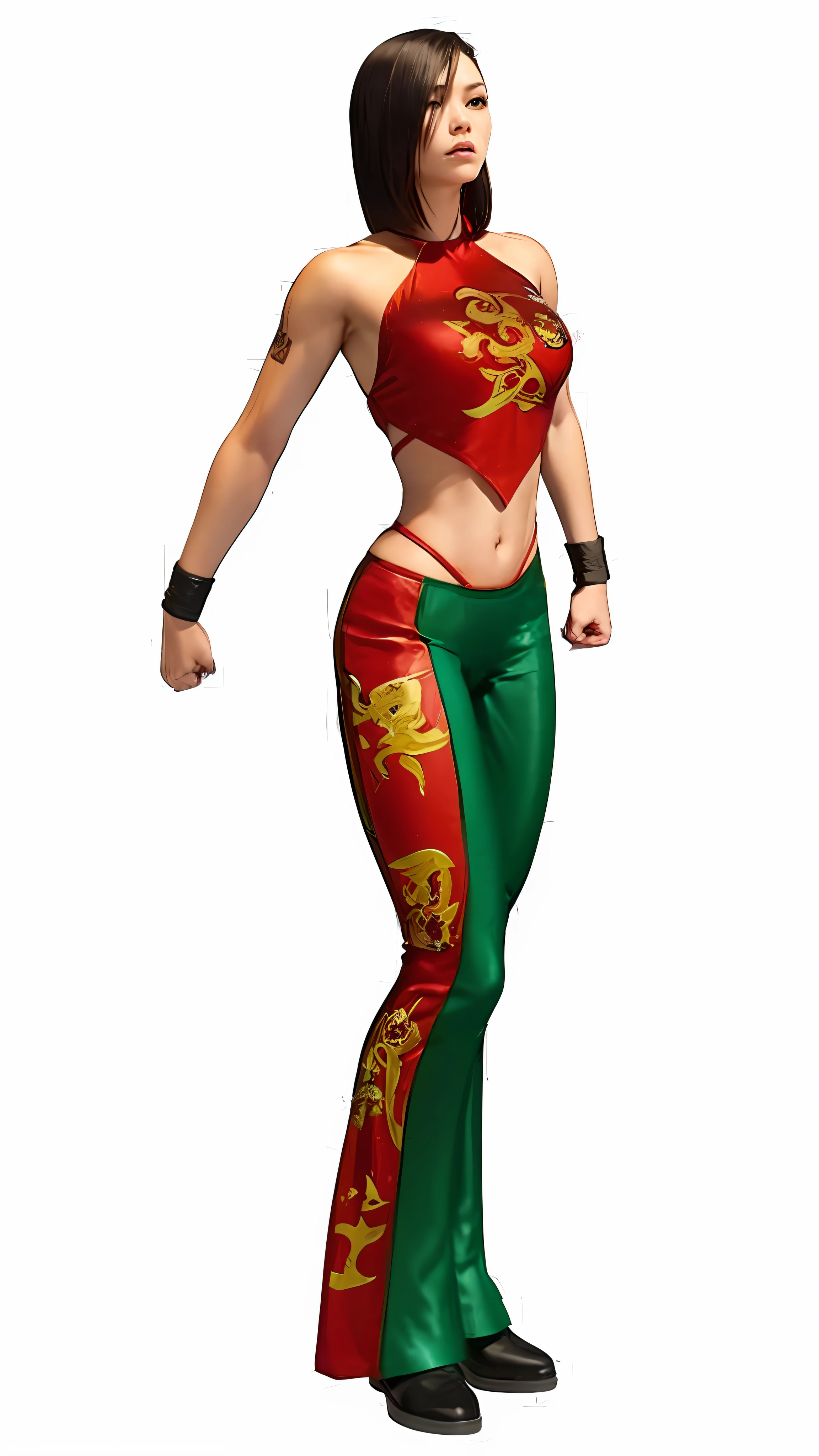 a close up of a woman in a red and green outfit, fighting game character, as a character in tekken, character from king of fighters, inspired by Ju Lian, mai shiranui, heroic muay thai stance pose, inspired by Pu Hua, character from mortal kombat, tai costume, inspired by Wu Li, kunoichi, female character, martial art pose