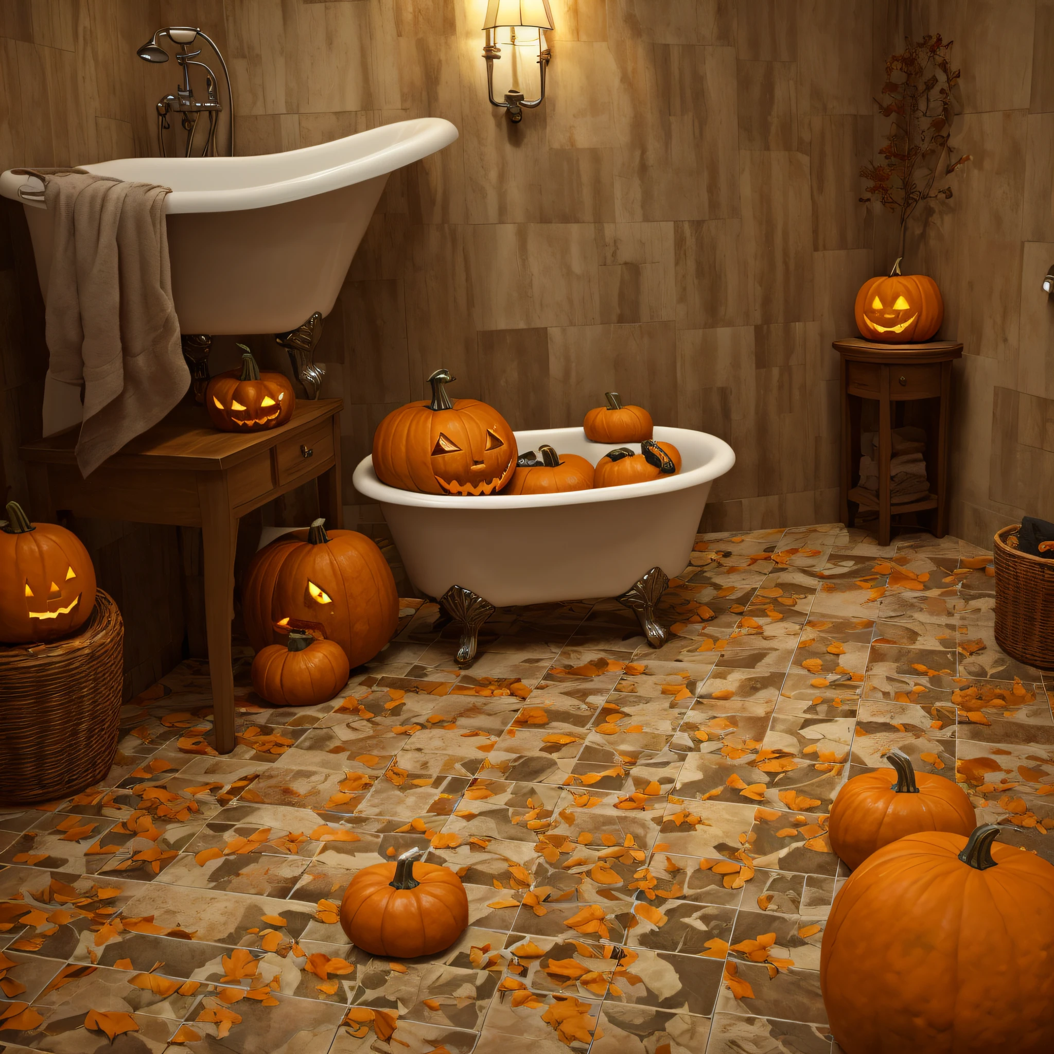 Halloween bathroom,realism,real shot,reality,pumpkin,Spider,Halloween,bathtub,More ground,Floor tiles,Bathroom scene --auto