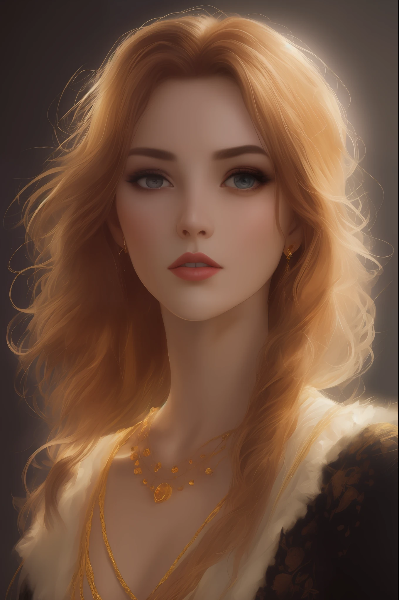(8k, RAW photo, best quality, masterpiece:1.2), modelshoot style, (dark shot:1.5), Stunningly attractive woman with blonde soft hair, (victorian style:1.2), victorian dress high detailed and intricate, long curly hair, dramatic pose, (soft warm skin with wax effect:1.3), pastel, (glossy lips and the tip of the nose with bright small glare:1.4), (bright highlights:1.6), detailed eyes, (soft volumetric light:1.5), (subsurface scattering:1.5), wax, (night light:1.6), global illumination, Soft Shadows, (dark background with cool lighting:1.0), bokeh, Charlie Bowater, stanley artgerm lau, a detailed painting, fantasy art, artstation, trending on Artstation, art like midjourney and Rutkowski, hyperdetailed, insane details, intricate details, (oil painting:1.5), (digital art:1.5), glare on the corneas of the eyes, round pupils, refraction, screen space reflections, screen space ambient occlusion, (hdr:1.4), full body shot, (gold jewelry with amber gems:1.1)