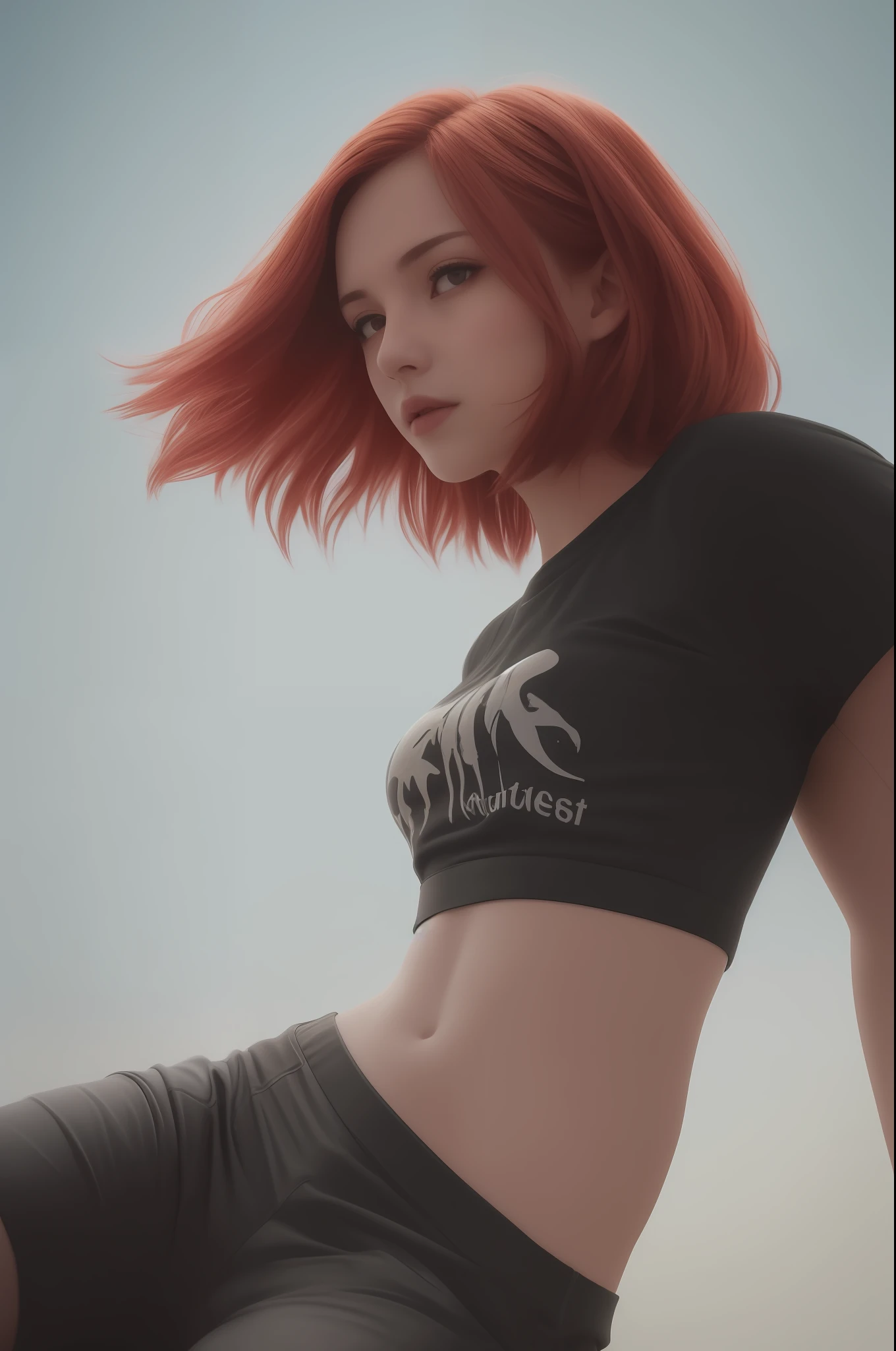 masterpiece, best quality, cinematic photo, anatomically correct, digital art illustration, 20-year-old innocent woman, pale skin, polish, pronounced feminine features, (stretching), t-shirt, straight red hair, liases eyes, large breasts, (cosmic background), dark illustration style, (8k, dynamic composition, photorealistic, sharp focus), elaborate background, cinematic, rule of thirds, backlight, film grain, intricate details, fine details,