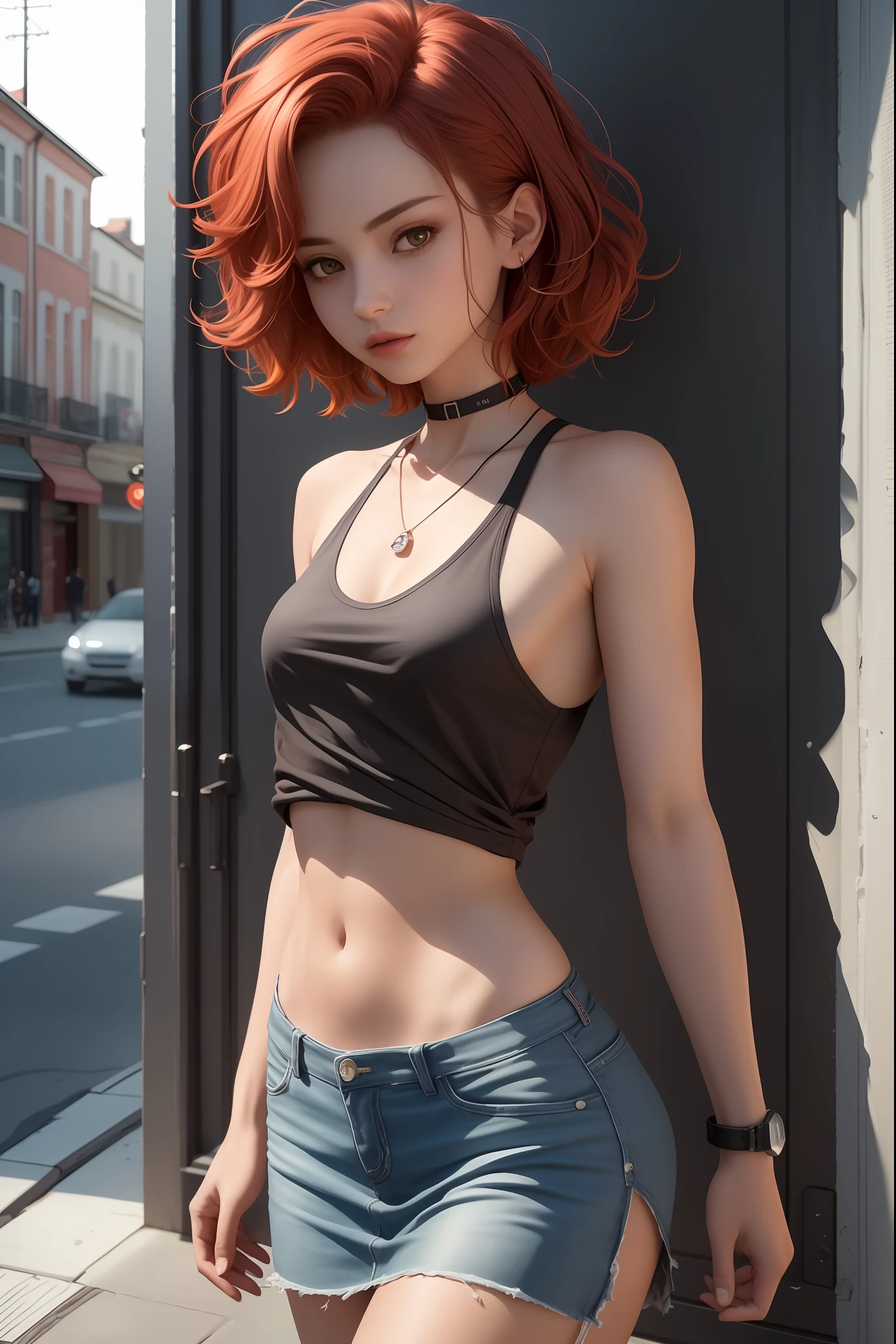 masterpiece, best quality, cinematic photo, anatomically correct, digital art illustration, 20-year-old innocent woman, pale skin, polish, pronounced feminine features, (stretching), t-shirt, straight red hair, liases eyes, large breasts, (cosmic background), dark illustration style, (8k, dynamic composition, photorealistic, sharp focus), elaborate background, cinematic, rule of thirds, backlight, film grain,  intricate details, fine details,