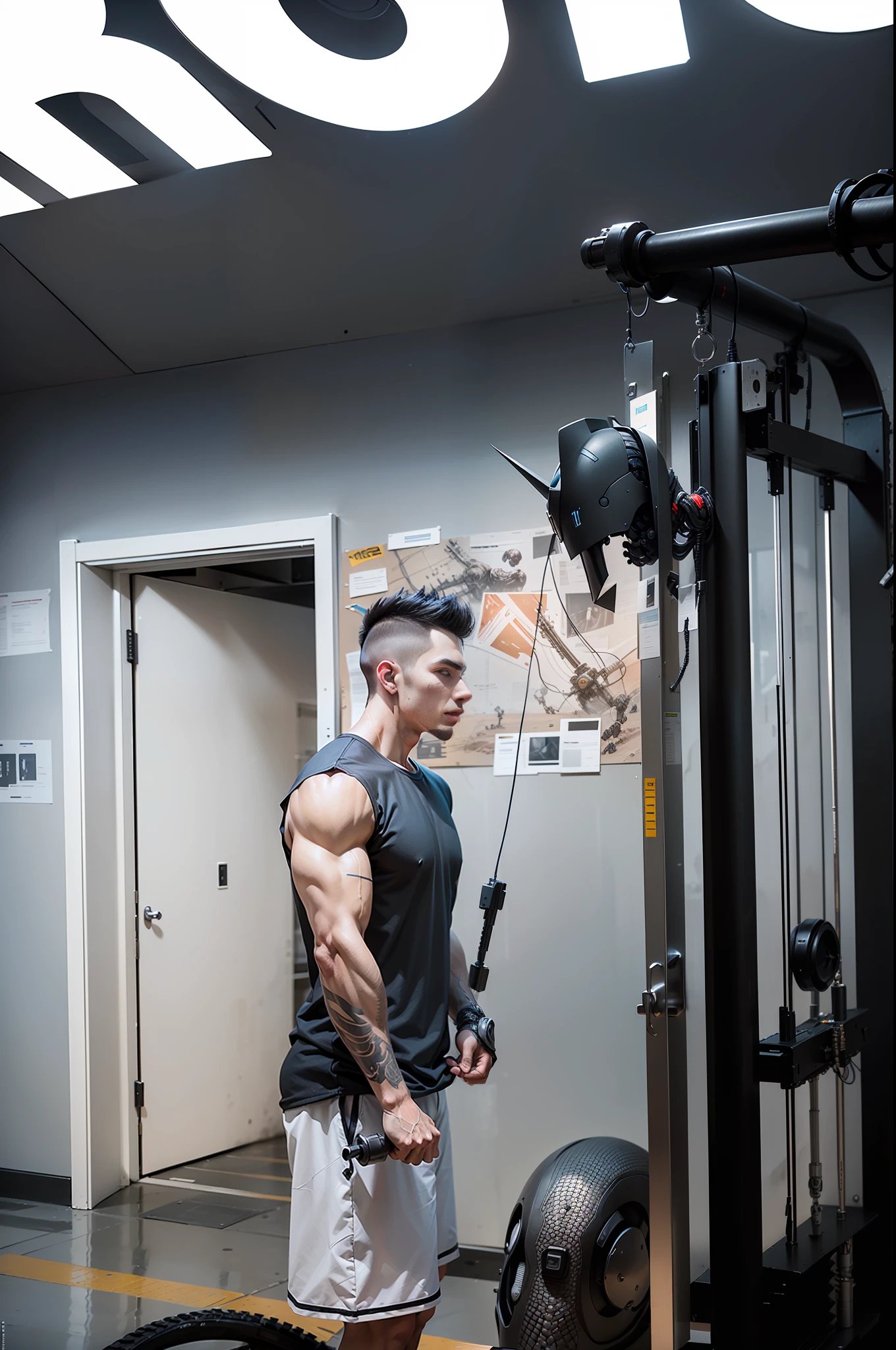 Young strong male cyber warrior，Delicate black technical clothes，Biomechanics， MSHN Robot Man，ultra realisic， steel， complex design， crazy detail， Fine details， Extremely Sharp Lines， cinematic Lighting， Photo Realistic， A Detailed Masterpiece