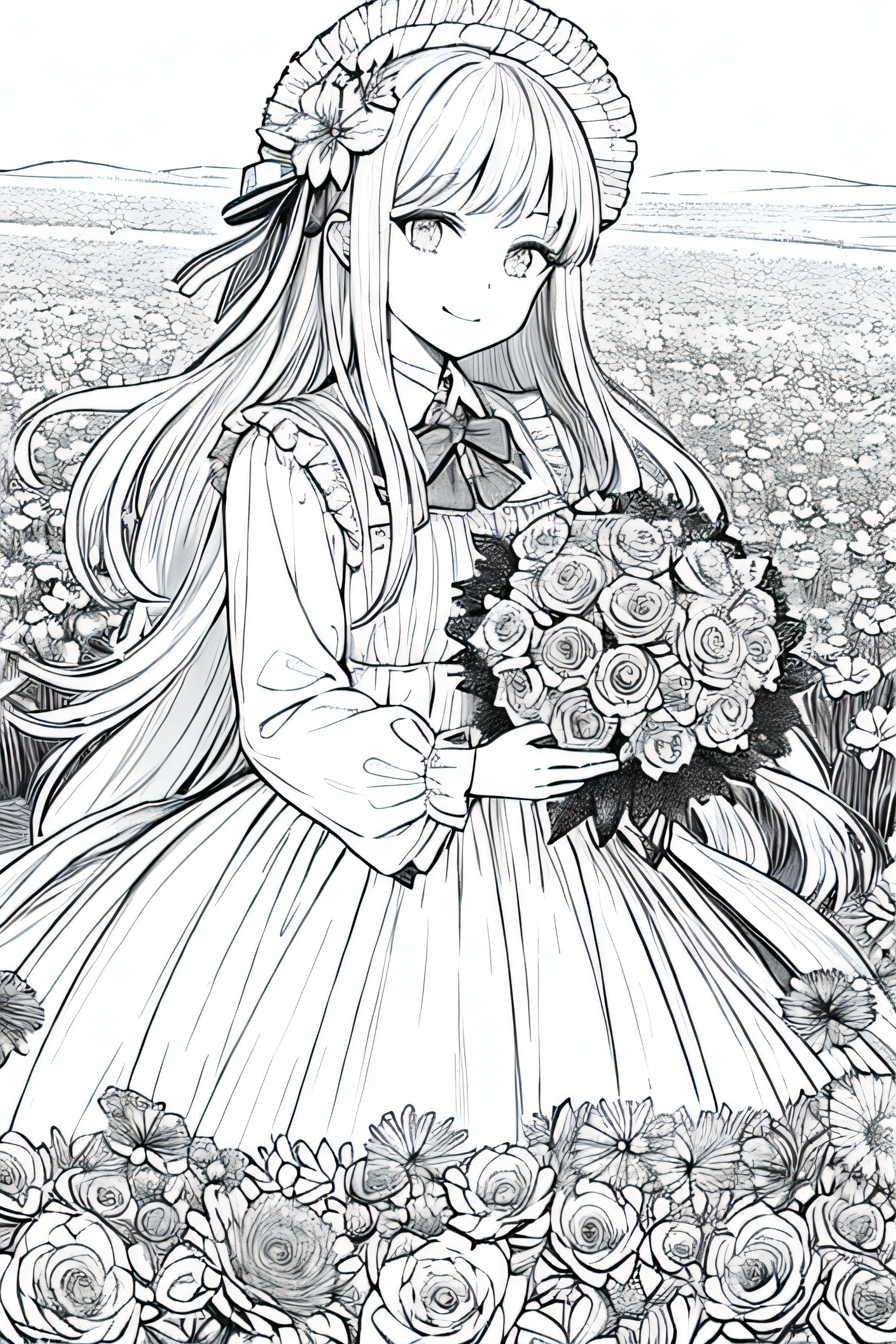 masterpiece, best quality, 1girl, solo, long_hair, looking_at_viewer, smile, bangs, skirt, shirt, long_sleeves, hat, dress, bow, holding, closed_mouth, flower, frills, hair_flower, petals, bouquet, holding_flower, center_frills, bonnet, holding_bouquet, flower field, flower field, lineart, monochrome,