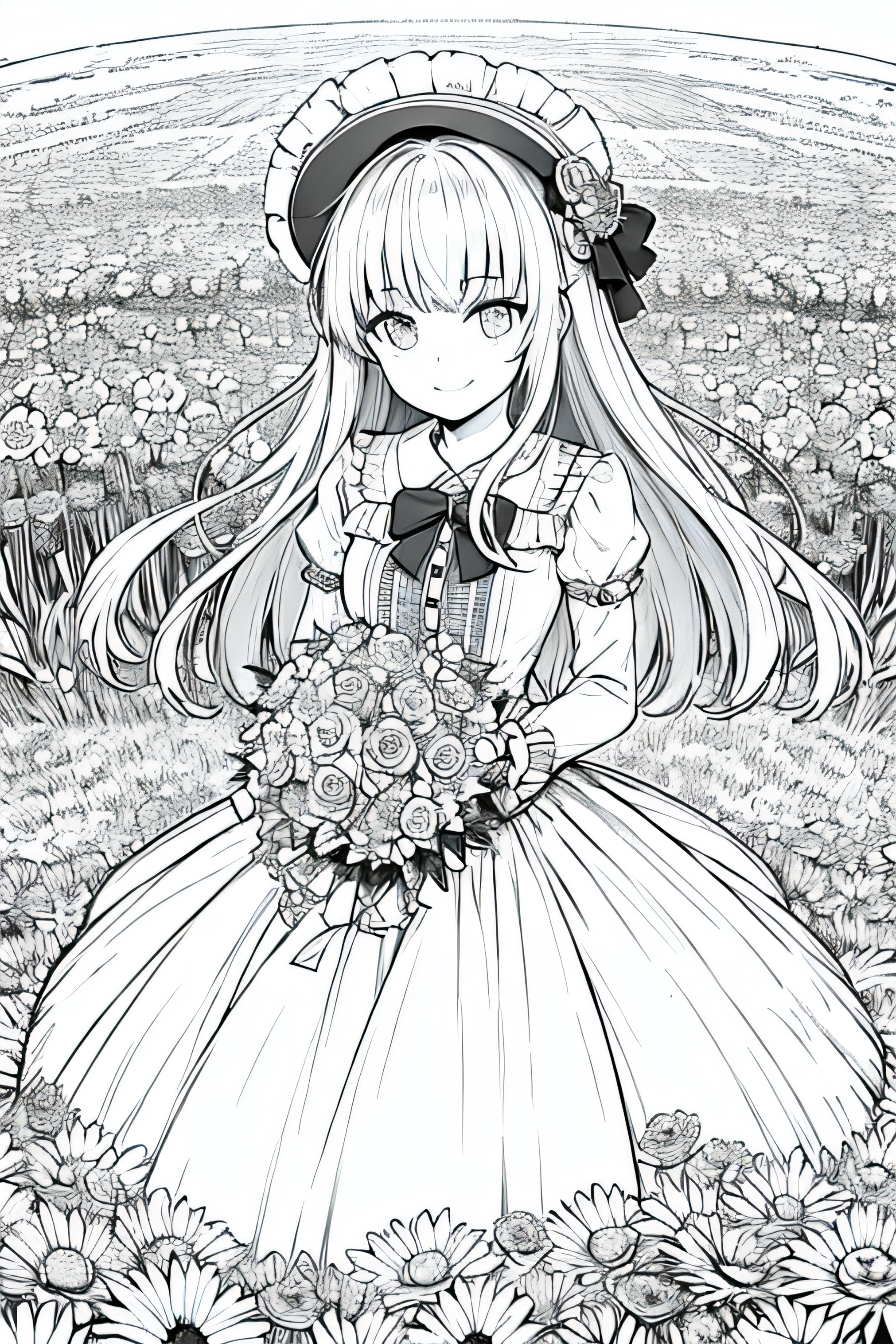 masterpiece, best quality, 1girl, solo, long_hair, looking_at_viewer, smile, bangs, skirt, shirt, long_sleeves, hat, dress, bow, holding, closed_mouth, flower, frills, hair_flower, petals, bouquet, holding_flower, center_frills, bonnet, holding_bouquet, flower field, flower field, lineart, monochrome,