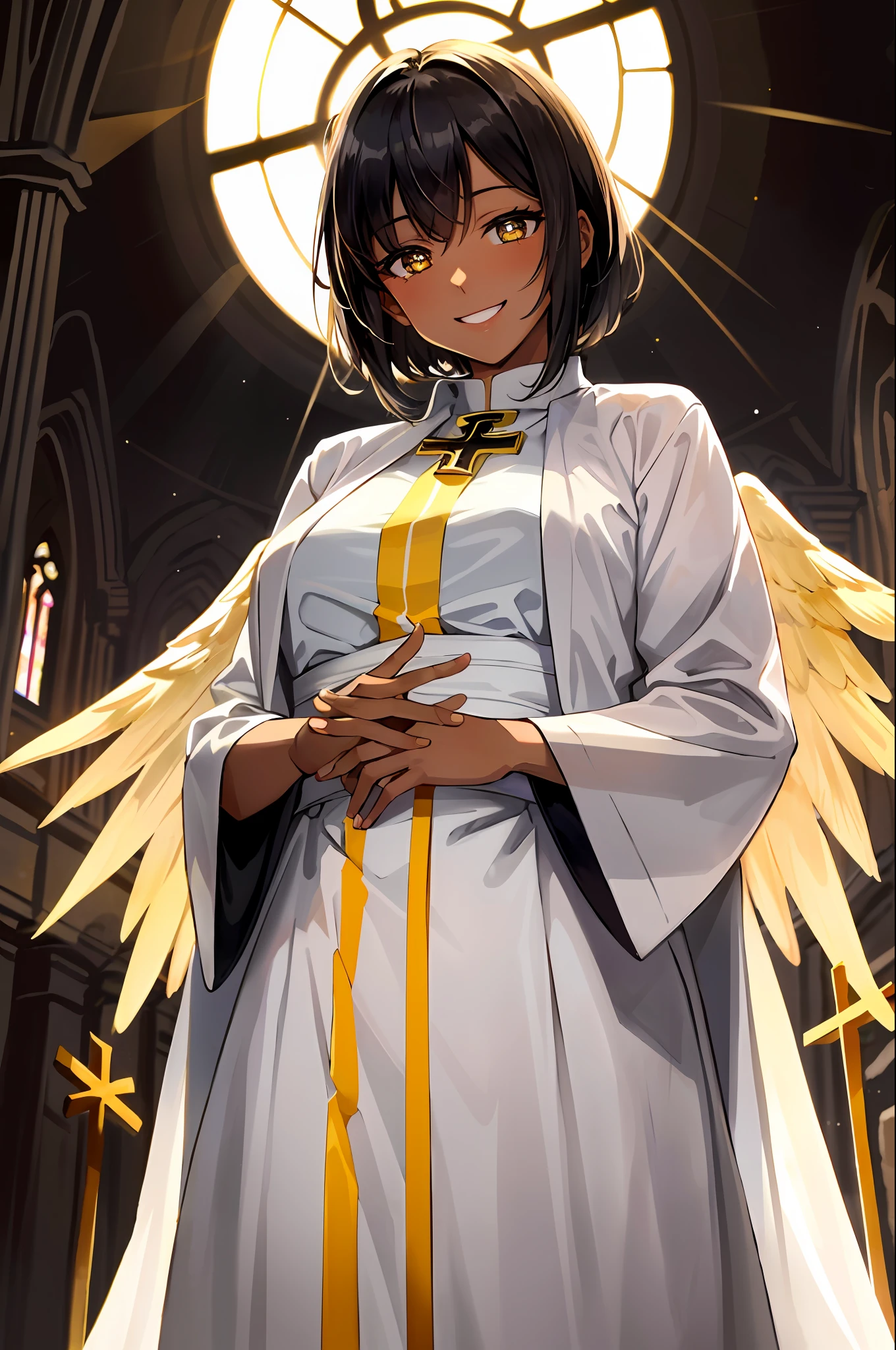masterpiece, best quality, bright playful eyes, detailed pupils, god rays, sunbeam, inside a church, smiling, big smile, 1girl, solo focus, (Angel:1.2), halo, aura, magic, Yellow Eyes, (Dark Skinned Female:1.2), Long Religious Robes, Latin Cross