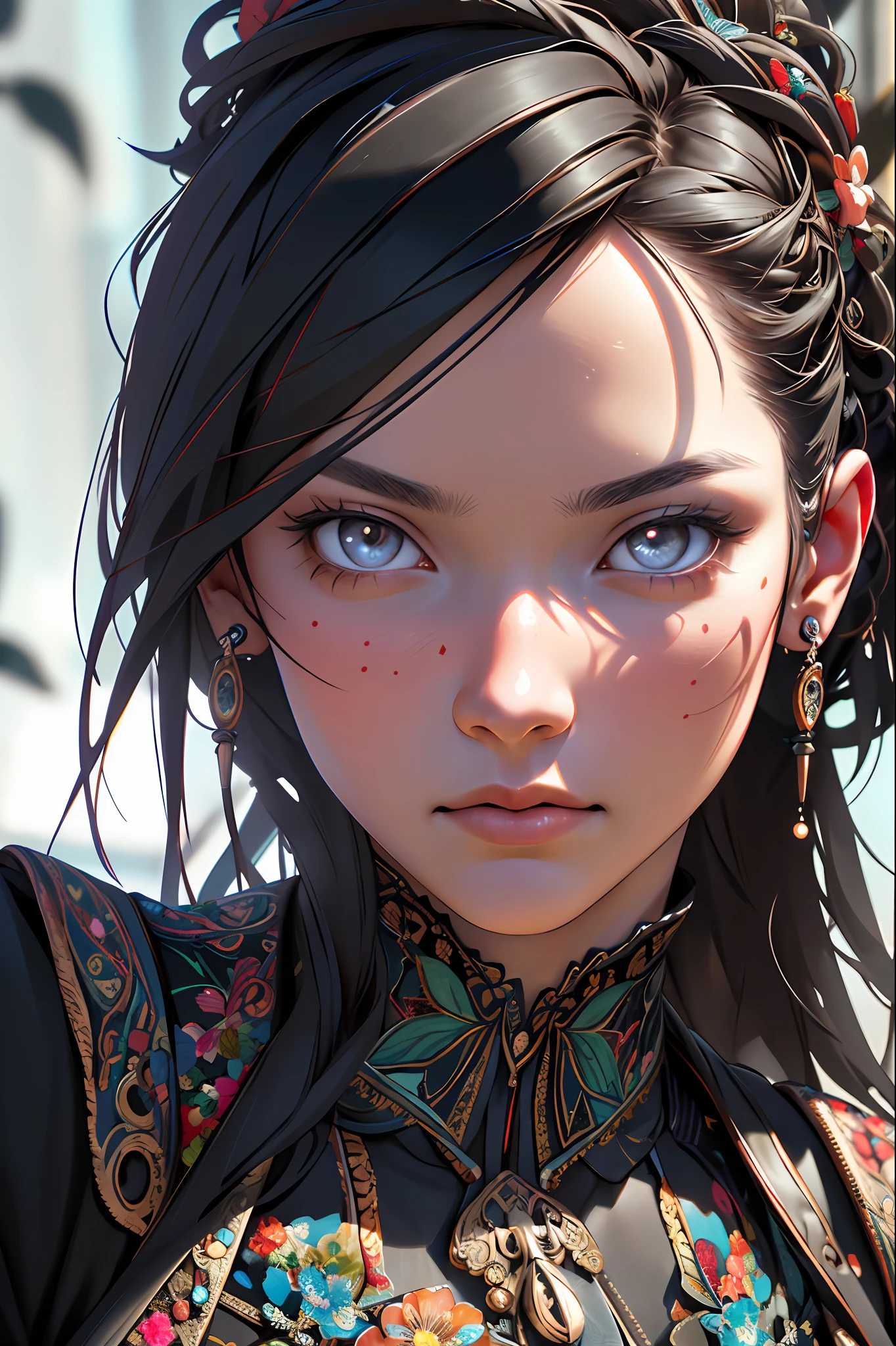 (((masterpiece))), (((best quality))), ((ultra-detailed)), (hyperrealistic), (highly detailed CG illustration), ((an extremely delicate and beautiful)),cinematic light, Create a stunning anime artwork that is currently trending on ArtStation, showcasing exquisite beauty and captivating aesthetics. The art piece should be highly detailed, featuring a compelling character and a visually appealing environment. The character in the artwork is a graceful and enchanting figure, radiating an aura of elegance. Pay close attention to intricate facial features, such as mesmerizing eyes with vibrant colors and delicate shading. The character's clothing should be designed with elaborate patterns, flowing fabrics, and rich textures, reflecting a blend of fantasy and contemporary fashion. Place the character in a captivating environment that enhances the overall appeal of the artwork. It could be a breathtaking natural landscape, a bustling futuristic cityscape, or a mystical realm filled with magical elements. Incorporate vibrant colors, dynamic lighting, and detailed background elements to create a sense of depth and immersion. Consider the latest trends in anime art, such as incorporating unique lighting effects, exploring creative composition techniques, or experimenting with unconventional color palettes. Take inspiration from the top artists on ArtStation and their exceptional execution of various art styles and themes. Camera: Choose an angle that highlights the character's beauty and the immersive environment. Lighting: Utilize atmospheric lighting techniques to create depth and mood. Resolution: Aim for a high-resolution artwork to showcase intricate details and clarity. Art Inspirations: Seek inspiration from the trending artists on ArtStation, exploring different styles, genres, and themes.