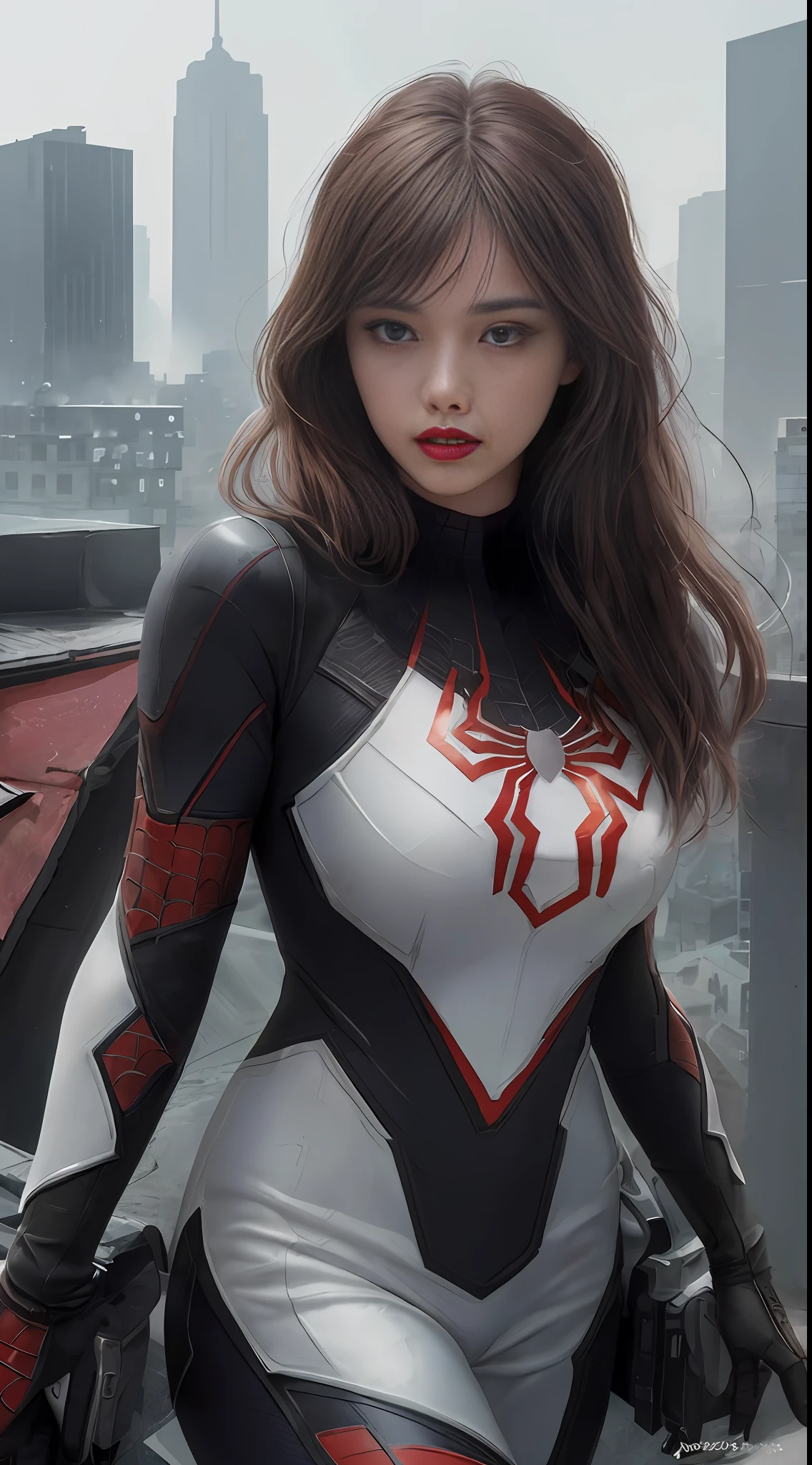 (1girl:1.3), Solo, (((Very detailed face)))), ((Very detailed eyes and face)))), Beautiful detail eyes, Body parts__, Official art, Unified 8k wallpaper, Super detailed, beautiful and beautiful, beautiful, masterpiece, best quality, original, masterpiece, super fine photo, best quality, super high resolution, realistic realism, sunlight, full body portrait, amazing beauty, dynamic pose, delicate face, vibrant eyes, (from the front), She wears Spider-Man suit, red and black color scheme, spider, very detailed city roof background, rooftop, overlooking the city, detailed face, detailed complex busy background, messy, gorgeous, milky white, highly detailed skin, realistic skin details, visible pores, clear focus, volumetric fog, 8k uhd, DSLR, high quality, film grain, fair skin, photo realism, lomography, futuristic dystopian megalopolis, translucent
