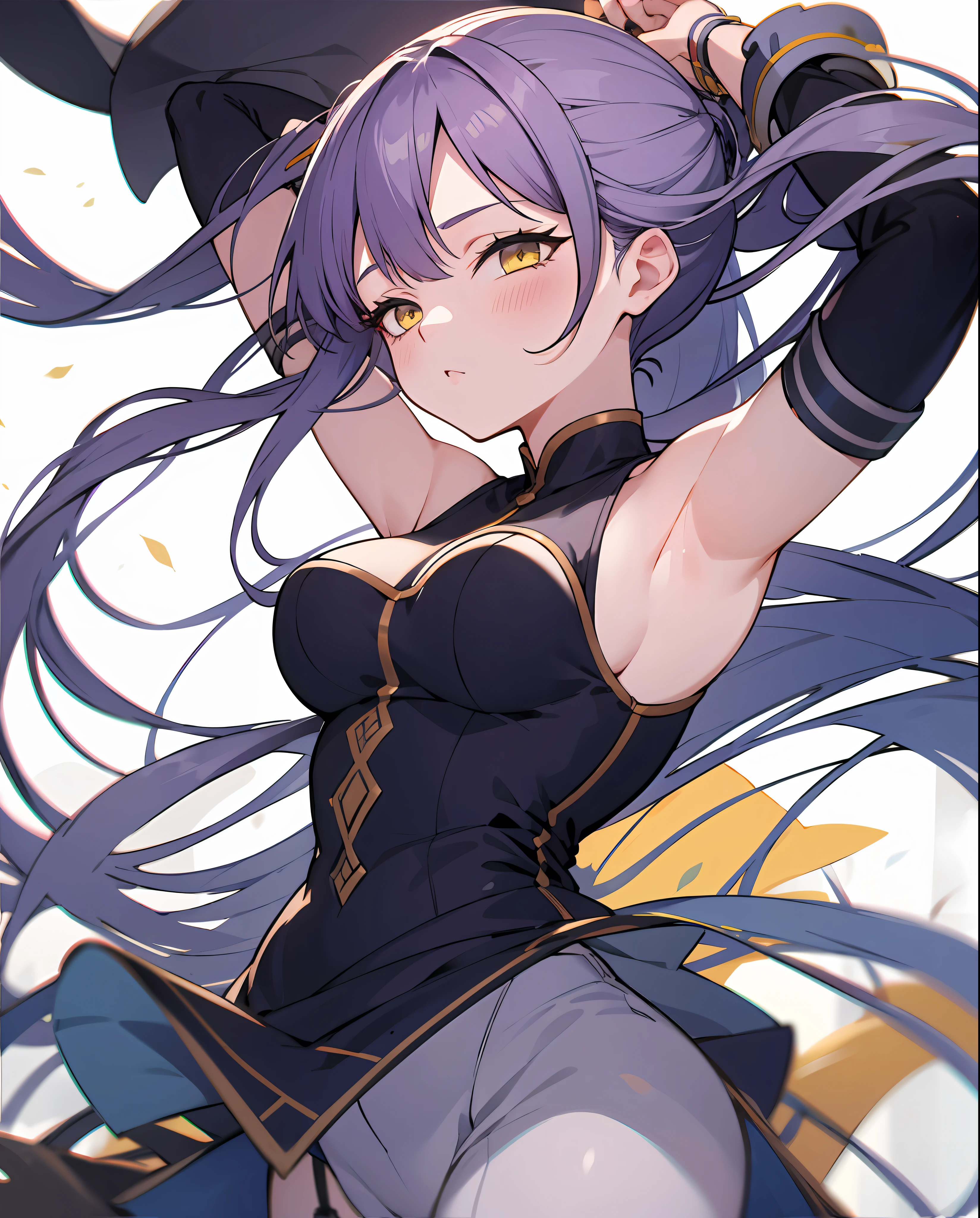 anime girls with purple hair and yellow eyes are posing for a picture, anime girls, ecchi anime style, sfw version, pixiv 3dcg, ahegao, top rated on pixiv, oppai, pixiv, official fanart, ecchi, popular on pixiv, at pixiv, anime! 4k, anime! 4 k, head is up, arms out of frame, hands oit of frame, upper body, large breasts, full body, garter belt, thighhigh boots