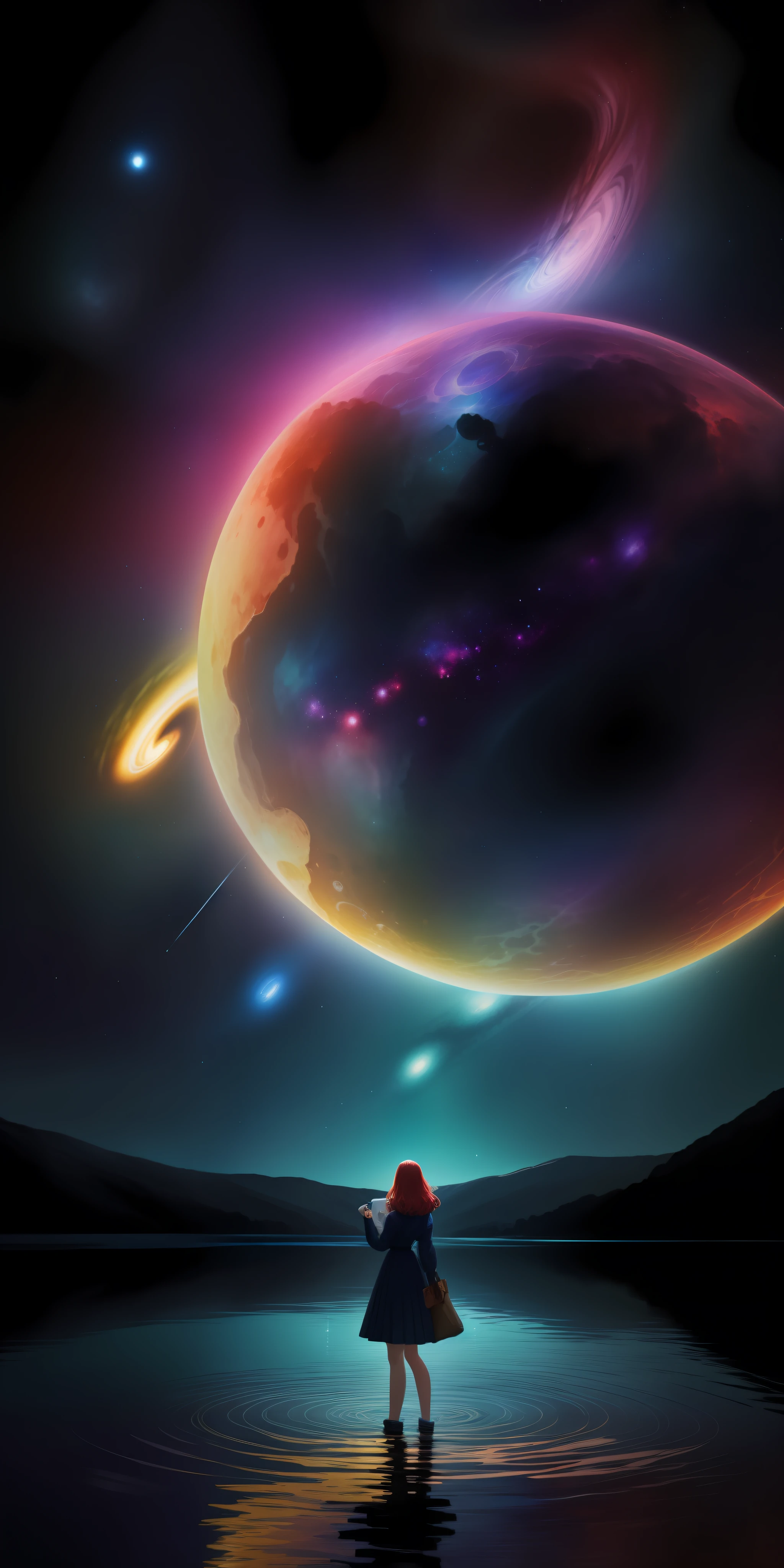 Mulher com asas perto de um lago, pintura, com cajado, vestido vermelho e uma coroa, voando em cima do lago, starry sky, giant planets in the background with rings.