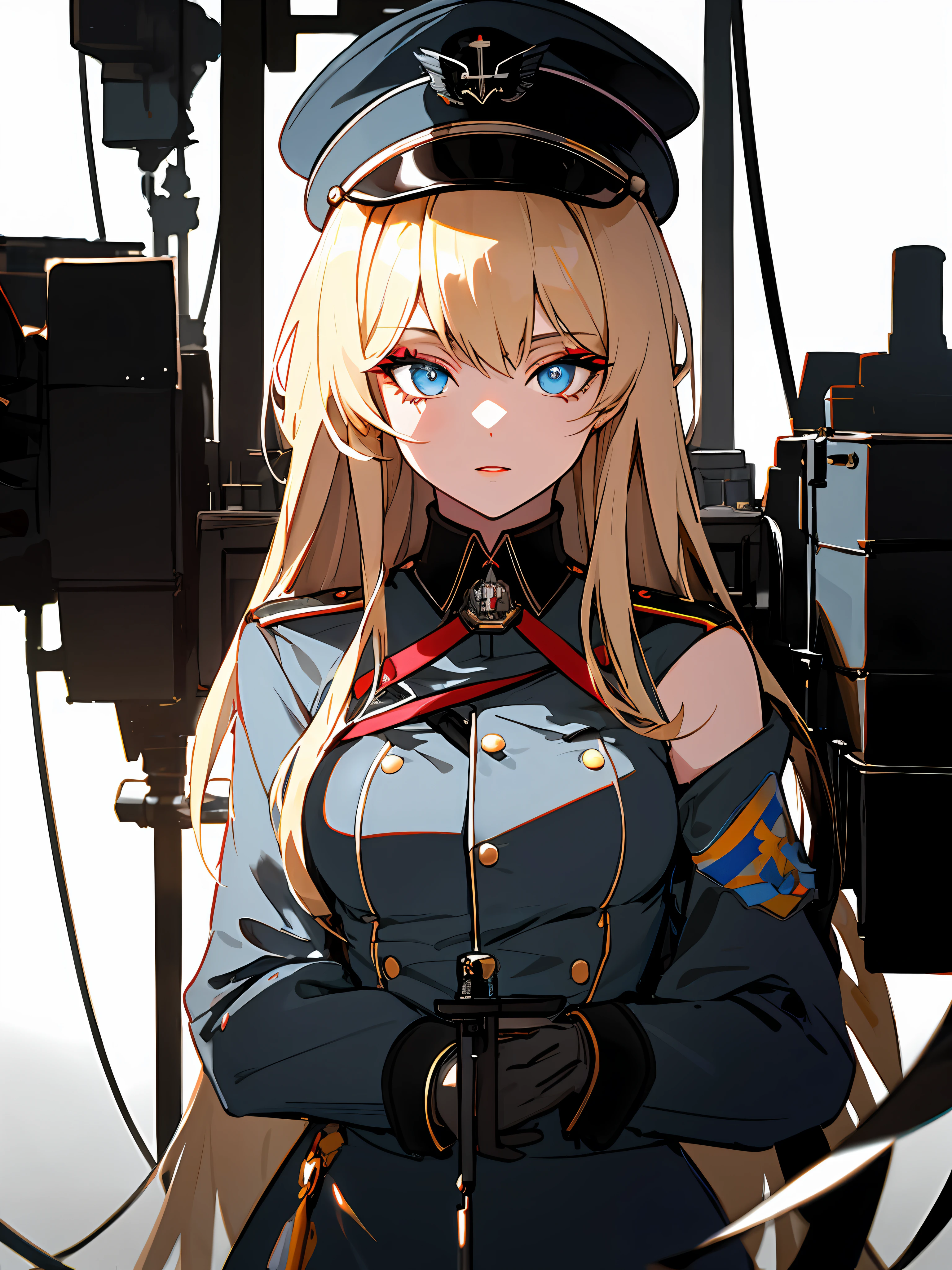 (Masterpiece:1.2), best quality, (illustration:1.2), (ultra-detailed), hyper details, (delicate detailed), (intricate details), (cinematic light, best quality Backlights), clear line,  solo female, perfect body, (1girl), blonde hair, glowing blue eyes, (bismarck \(azur lane\) a woman wearing a black wehrmacht_outfit holding a sword, medal on left shoulder, wehrmacht_hat, white glove, carrying rigging_machine, turrets_equipped on the rigging_machine), ((makeup)), high contrast, (best illumination, an extremely delicate and beautiful), ((cinematic light)), colorful